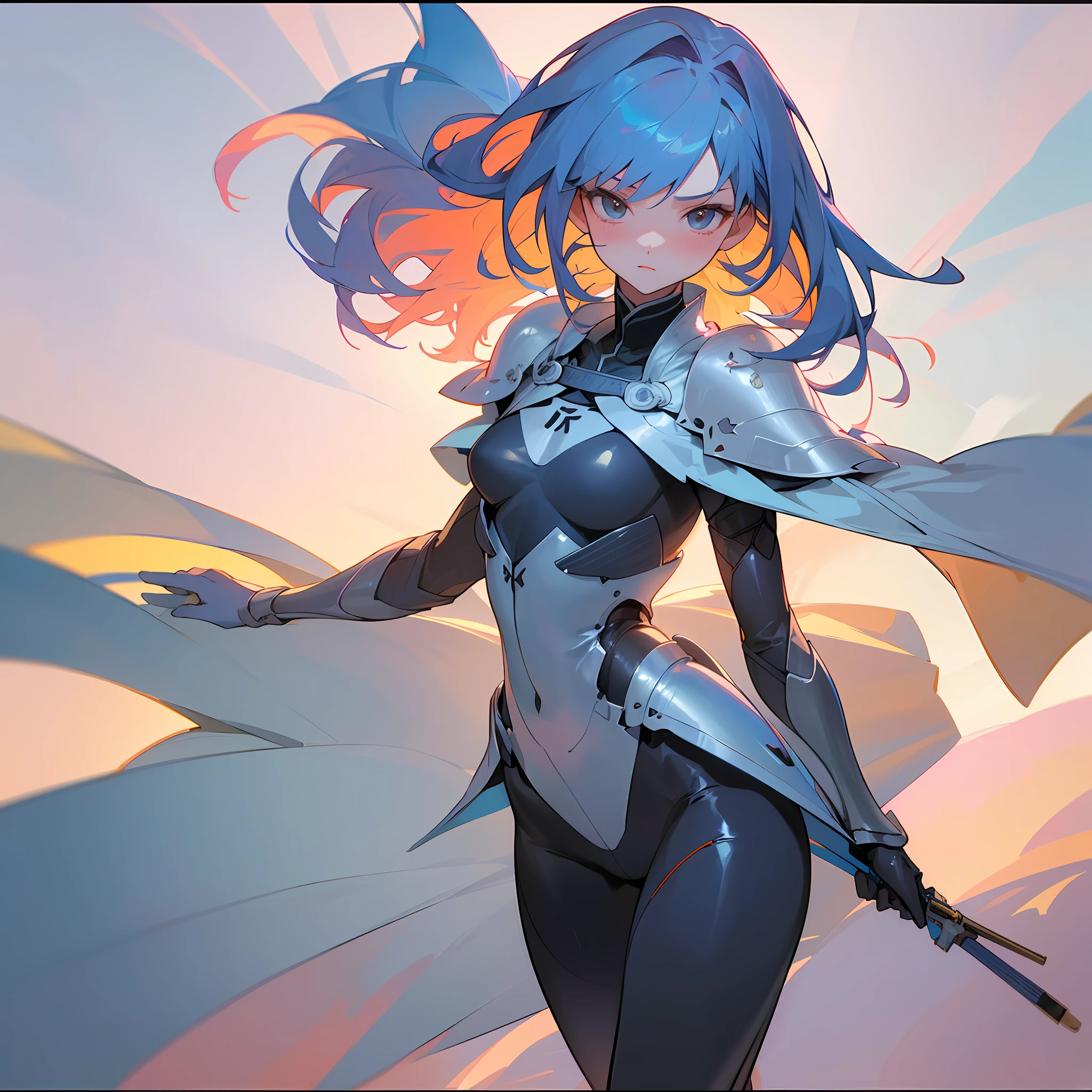 1girl, Insanely Beautiful Knight in a Cerulean armor with a sword based on Misaka Mikoto, medium bust, (HDR, UHD, 64k, best quality, RAW photograph, best quality, masterpiece:1.5), stern, pale skin, unrealistically beautiful girl, multicolored hair, the girl blushes, random hair style, shy, embarrassed anime woman with high hips in the air, wide hips, small waist, UHD, hd , 64k, , hyper realism, Very detailed, full body, hyper realism, Very detailed, female anime, slender body, in hyperrealistic detail