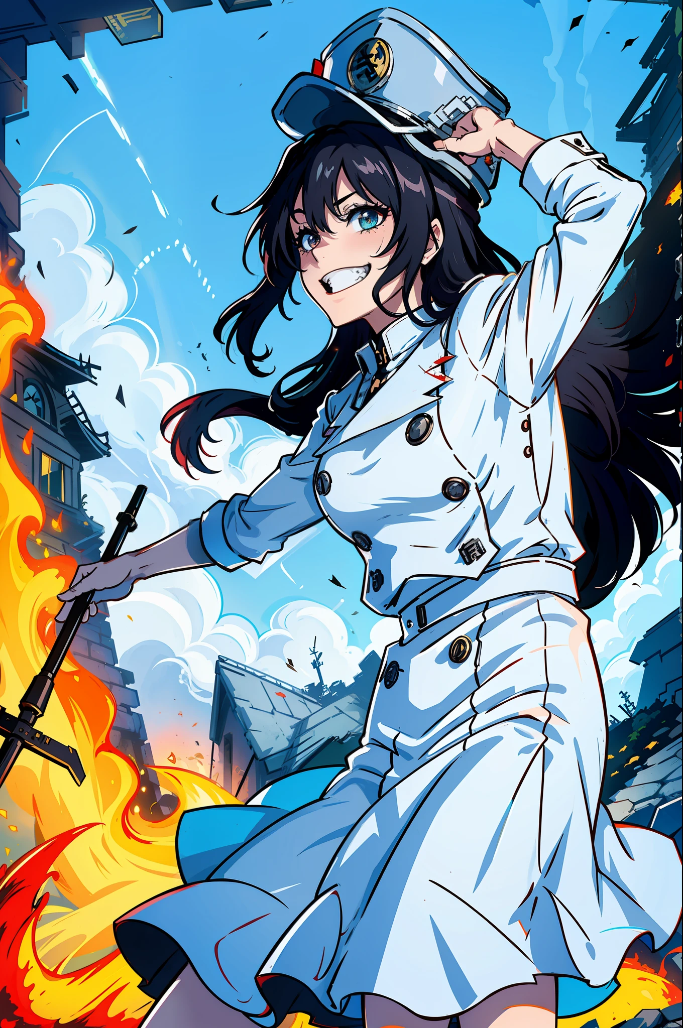 Masterpiece, top quality, ruined city and fire in the background, white Nazi SS Militari, 4K manga wallpaper, BLEACH, Exterminator, Shalltear Bloodfallen, badass anime 8K, gapmoe yandere, yandere, albedo of anime overlord, creepy grin, crazy laugh, fished out laughter at the corners of the mouth, long black hair, white miniskirt, white long-sleeved military uniform