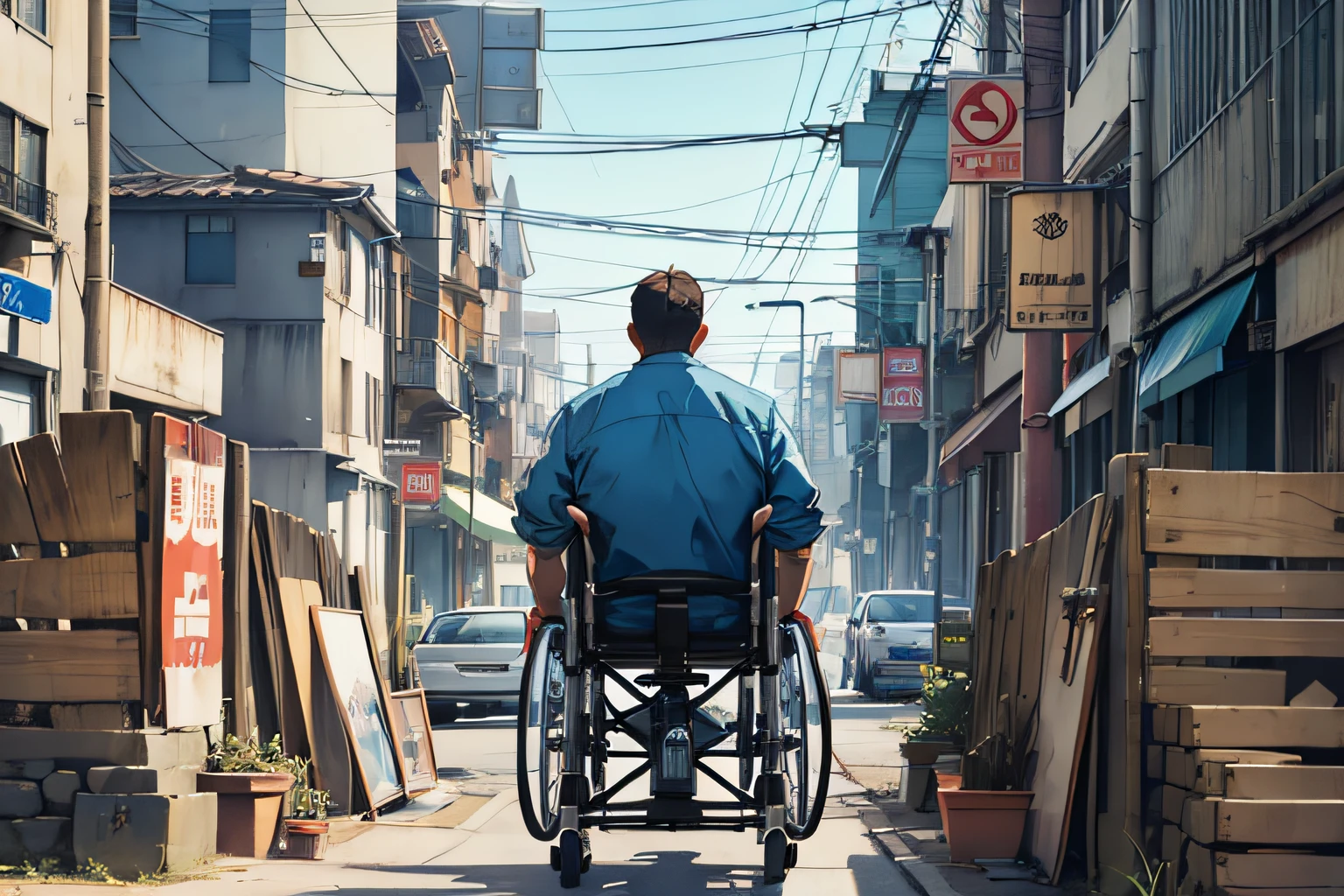 The chair was modified into a wheelchair, and the man became thinner