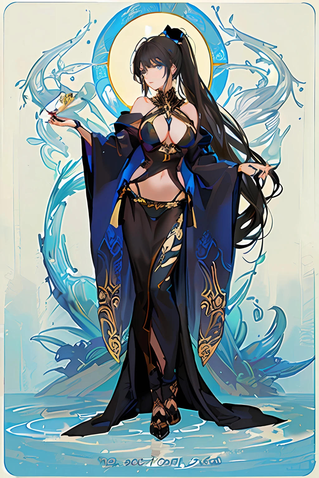 trading card style, art nouveau, standing, detailed face, detailed eyes, beautiful blue eyes, slender woman, divine, long ponytail, huge breasts, black and gold bikini, gold accessories, dark hair