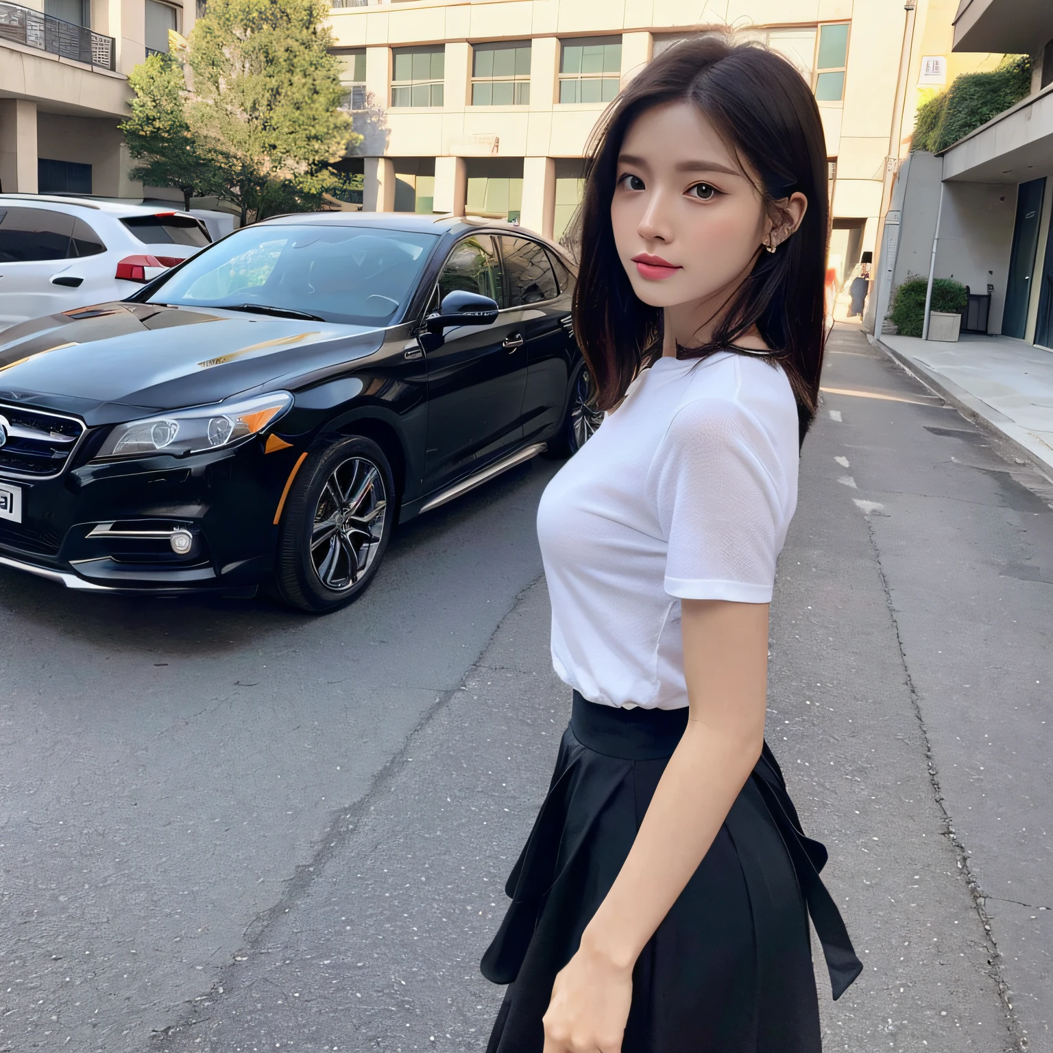 (Rectangular umbrella: 1.5) Black car SUV, car front glass, car umbrella, rectangular umbrella standing on roof, ((best quality, 8k, masterpiece: 1.3)), (long skirt: 1.5), focus: 1.2, perfect body beauty: 1.4, buttocks: 1.2, (layered haircut: 1.2), (dark street: 1.3), highly detailed face and skin texture, full body, fine eyes, double eyelids, whitening skin, long hair, ( Round 1.5)