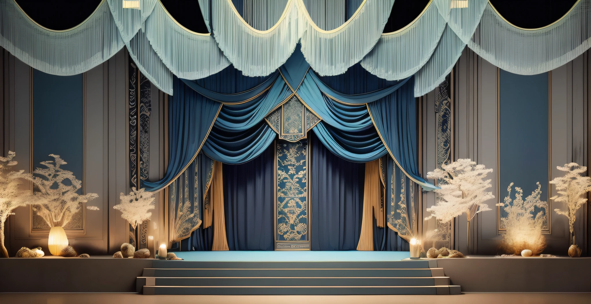 there is a stage with a blue stage cloth and a blue stage curtain, elaborate stage effects, stage background, rendering of beauty pageant, stunning arcanum backdrop, luminescent concept art, stage, ice cold blue theme, backside of scenography elements, light kingdom backdrop, background artwork, geometric backdrop; led, roman festival backdrop, blue backdrop, ballroom background