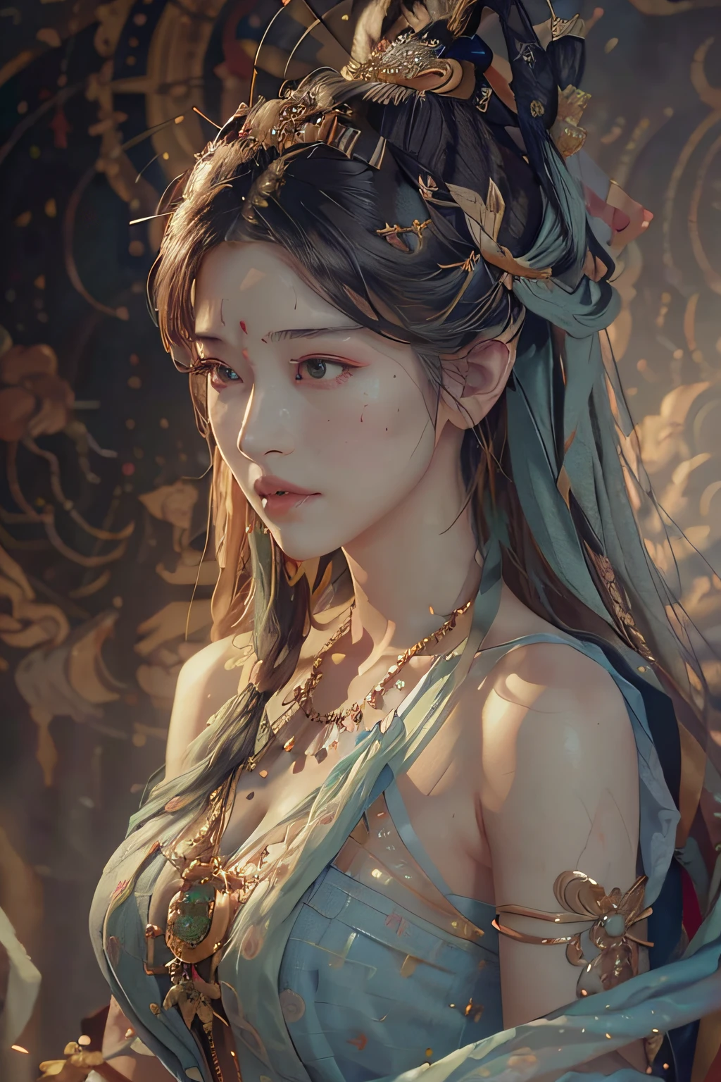 (RAW photo, best quality), (realistic, photo-realistic:1.3),best quality,highly detailed,masterpiece,ultra-detailed,illustration,1girl,upper_body,dynamic angle,world masterpiece theater,messy_long_hair,best quality,extremely detailed CG unity 8k wallpaper,ink,Amazing,cinematic lighting,lens_flare,,dunhuang_style