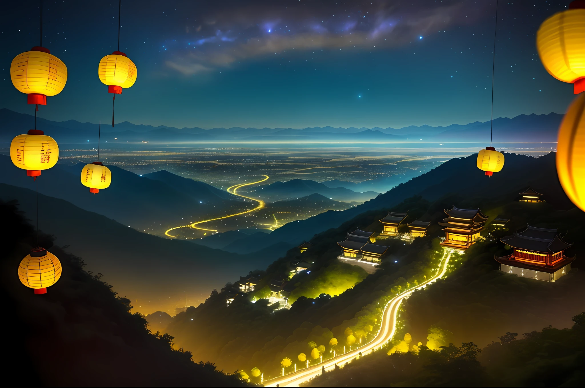 At night, on the mountains, grass, fireflies, Kong Ming lanterns in the sky, small full moons, ancient Chinese cities in the distance