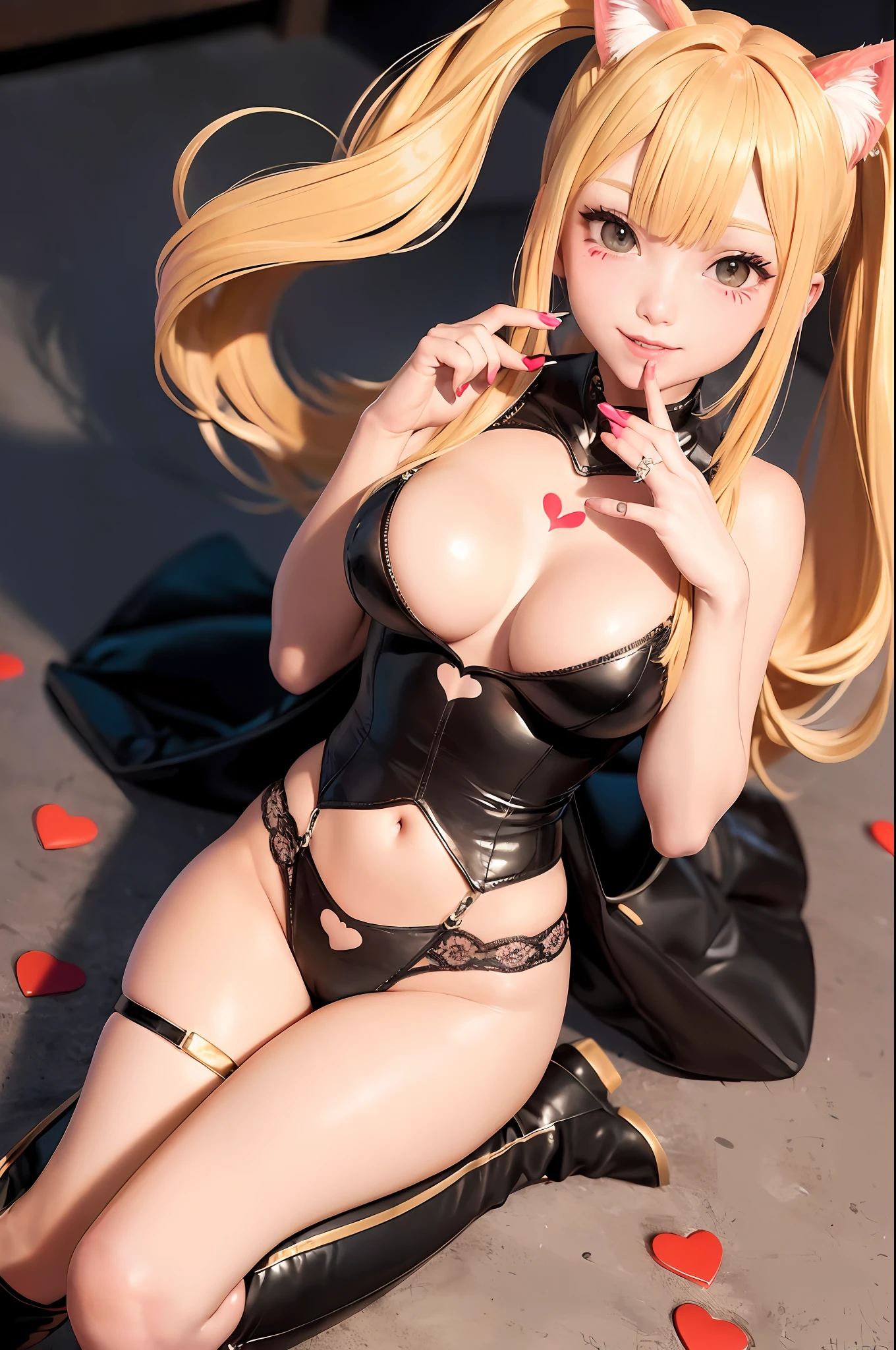 (Highly detailed CG 8K wallpaper), (Very delicate and beautiful), (Best Quality: 1.0), (Ultra High Definition: 1.0), Realistic Shadows, [High Resolution], Detailed Skins, Ultra Detailed ((Colorful)), ((Medium chest, Adult Woman with Large Breasts, Small Head)), (Abs are Cracked: 1.1), (Blonde, Wavy Long Hair: 1.2, Patsun, Bangs), Cat Cosplay, Tail, heart tattoo all over body, knee-high, long boots, kiss marks all over the body, (twin tails), (((Heart crest))))), the best smile, happy, delicious while eating delicious food in the finest restaurants