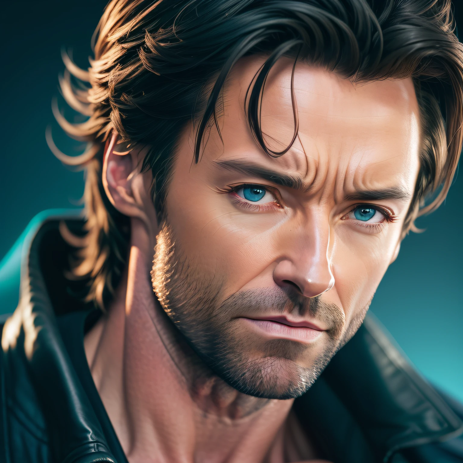 Hugh Jackman, Close-up portrait posing in dark studio, (rim lighting, :1.4) Two-tone lighting, sharp focus, turquoise hue, octane, unreal, dimly lit, discreet