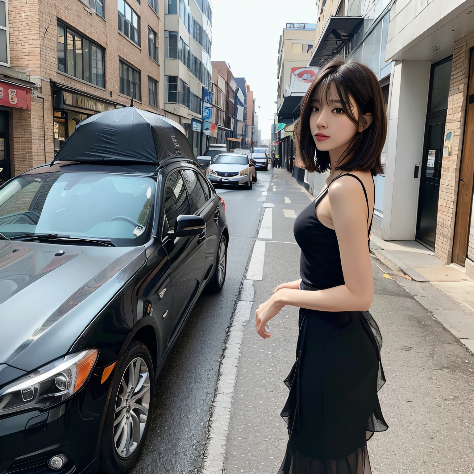 (Car umbrella: 1.5), Black car SUV, Car front glass, Car umbrella, rectangular umbrella standing on roof, ((Best quality, 8k, Masterpiece: 1.3)), (Long skirt: 1.5), Focus: 1.2, Perfect body beauty: 1.4, Buttocks: 1.2, (Layered haircut: 1.2)), (Dark Street: 1.3), Highly detailed face and skin texture, Full body, delicate eyes, Double eyelids, Whitening skin, Long hair, ( Round 1.5)
