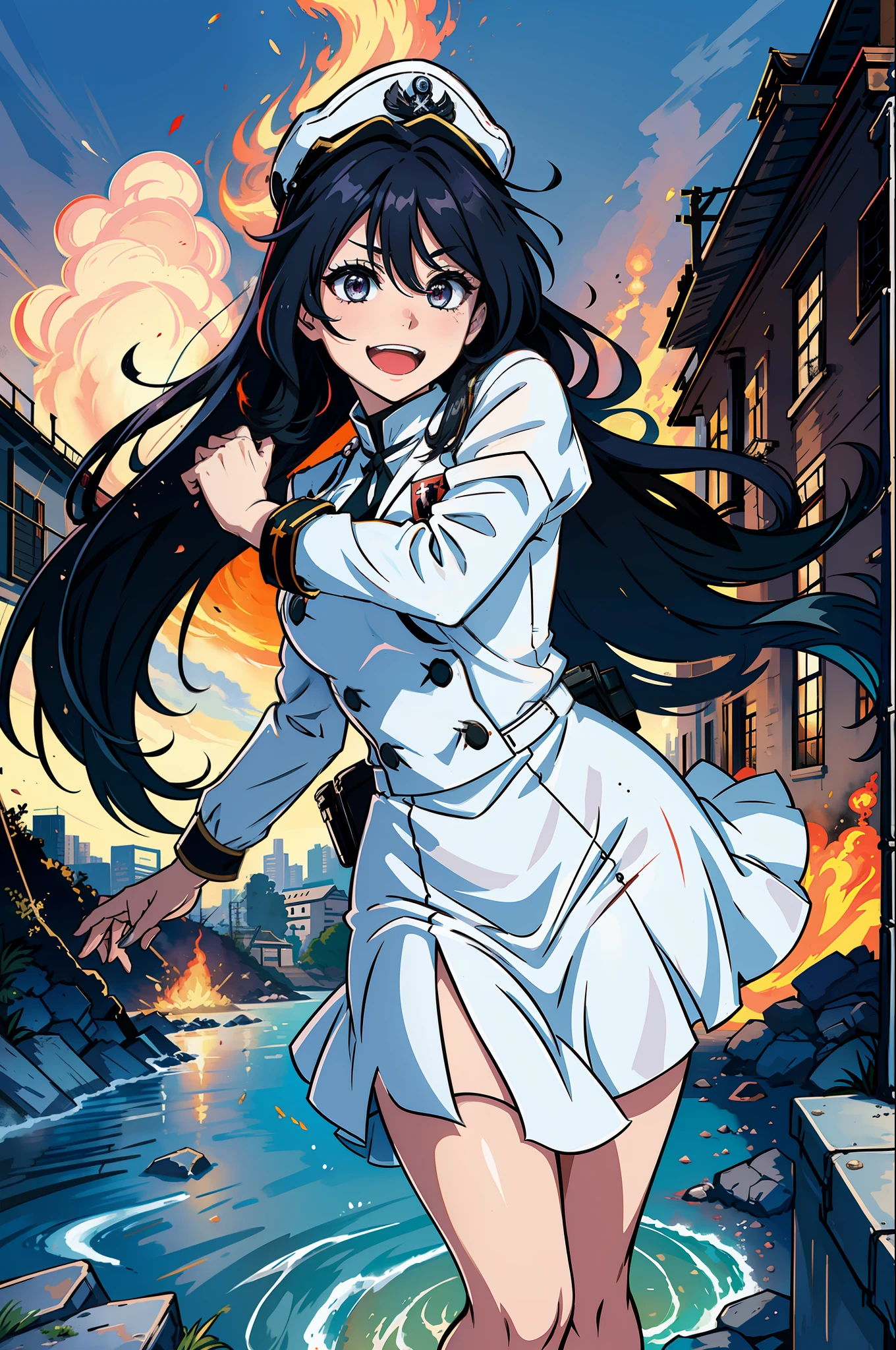 Masterpiece, top quality, ruined city and fire in the background, anime girl in uniform, white Nazi SS Militari, 4K manga wallpaper, BLEACH, Exterminator, Shalltear Bloodfallen, badass anime 8 K, gapmoe yandere, yandere, albedo of anime overlord, creepy smile, crazy laugh, fished out laughter at the corners of the mouth, long black hair, white mini skirt, white military uniform