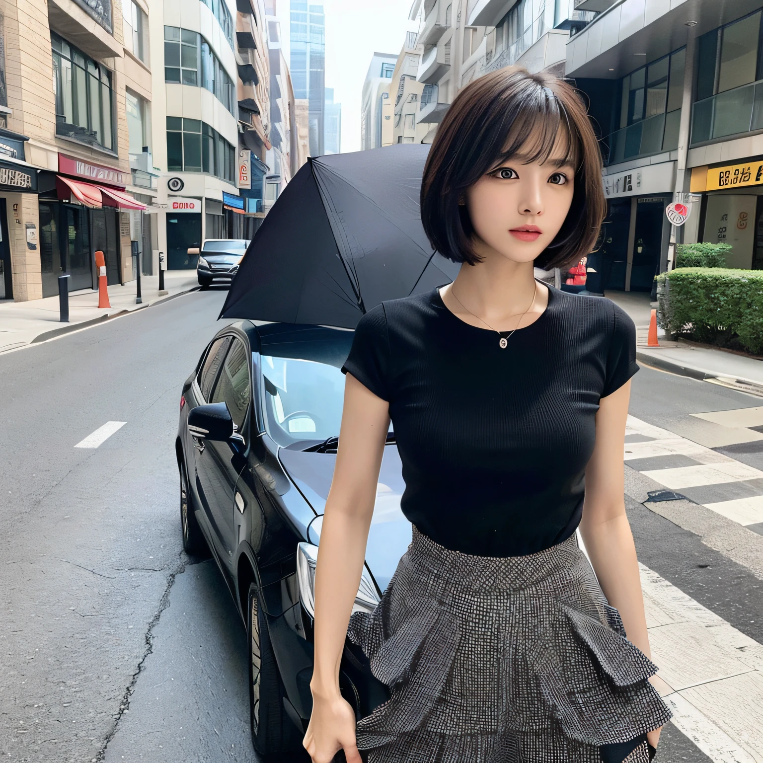 (Car umbrella: 1.5), Black car SUV, Car front glass, Car umbrella, rectangular umbrella standing on roof, ((Best quality, 8k, Masterpiece: 1.3)), (Long skirt: 1.5), Focus: 1.2, Perfect body beauty: 1.4, Buttocks: 1.2, (Layered haircut: 1.2)), (Dark Street: 1.3), Highly detailed face and skin texture, Full body, delicate eyes, Double eyelids, Whitening skin, Long hair, ( Round 1.5)