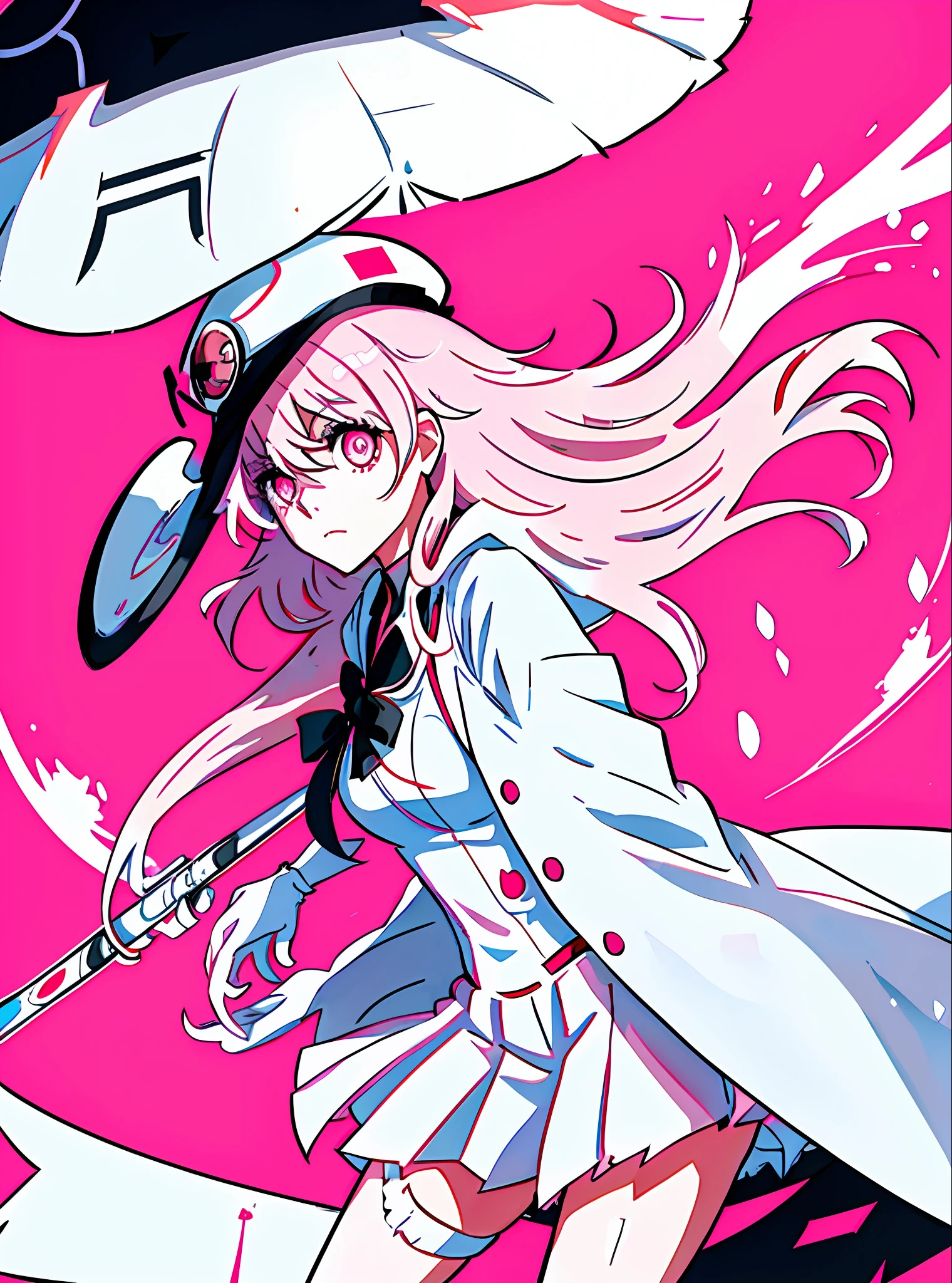 anime, a girl in a white dress with a black hat and a white coat, is standing in front of a pink background, gapmoe yandere, akane owari danganronpa, yandere, junko enoshima, yandere. tall, kill la kill illustration, mirai nikki, kill la kill, gapmoe yandere grimdark
