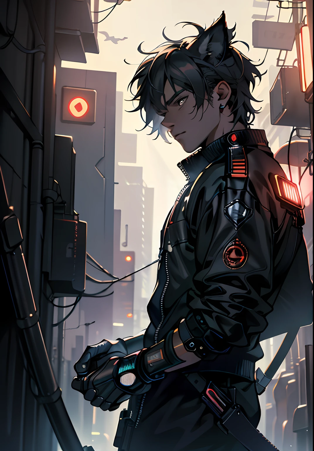 ultra detail, high resolution, ultra detailed, best quality, amazing, top quality, extremely detailed CG unity 8k wallpaper, cinematic lighting, cat fanboy, cyberpunk, dark boy