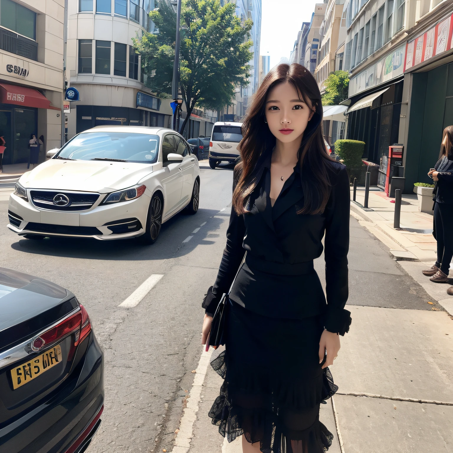 (Car Glass Umbrella: 1.6), Black Car SUV, Car Front Glass, Car Umbrella, Rectangular Umbrella Standing on Roof, ((Best Quality, 8K, Masterpiece: 1.3)), (Long Skirt: 1.5), Focus: 1.2, Perfect Body Beauty: 1.4, Buttocks: 1.2, ((Layered Haircut: 1.2)), (Dark Street: 1.3), Highly detailed face and skin texture, Full body, Fine eyes, Double eyelids, Whitening skin, Long hair, ( Round 1.5)