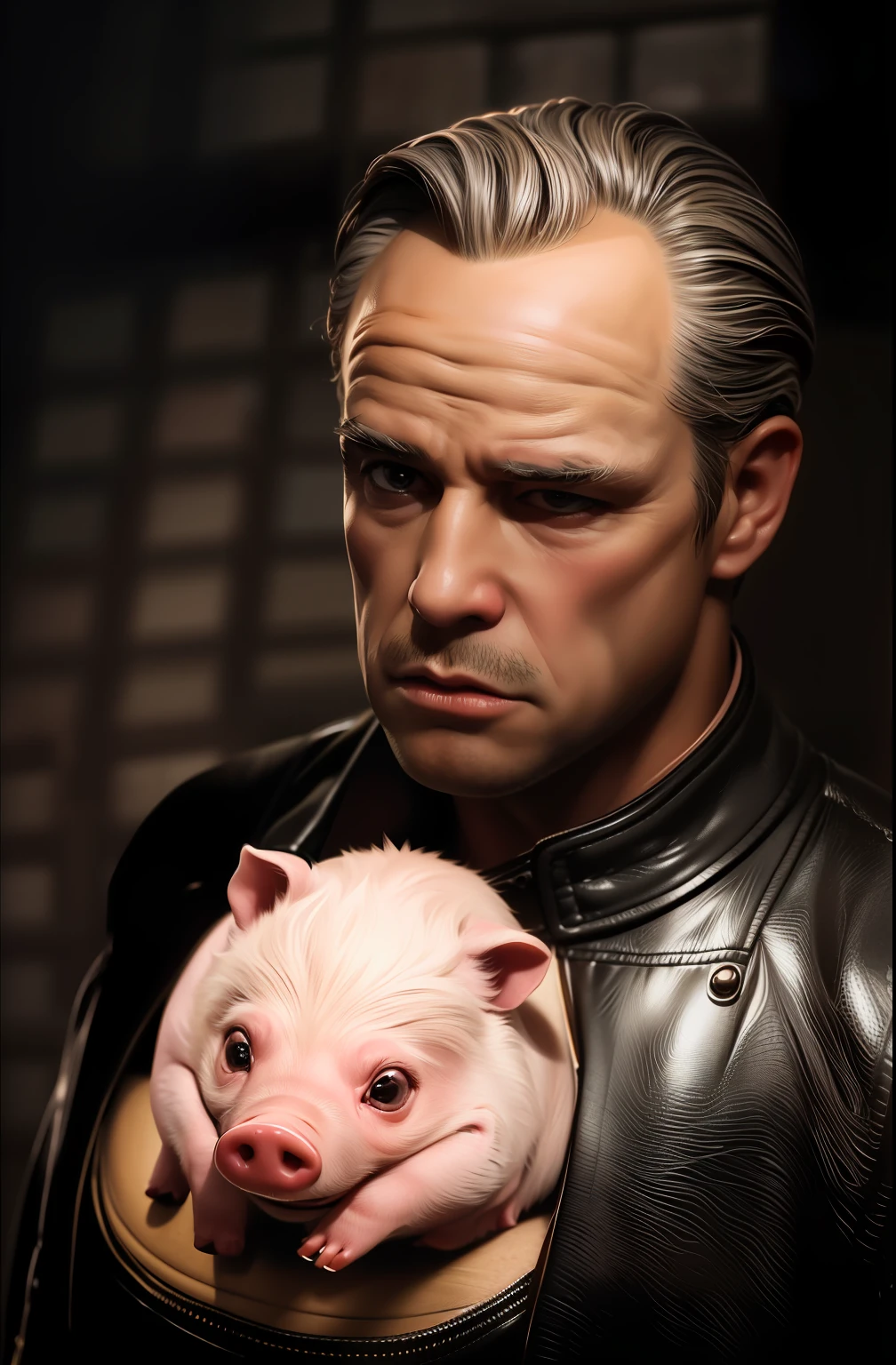 pig in leather coat, lonely pig, leather coat, detail, hair, moe, crazy eyes, glaring, human ears, frustration, panic, surrealism, verism, chiaroscuro, ray tracing, film grain, fujifilm, depth of field, frame, letterbox, wide angle, panorama, f/1.8, fujifilm, ultra wide angle, UHD, textured skin, super detail, 4K