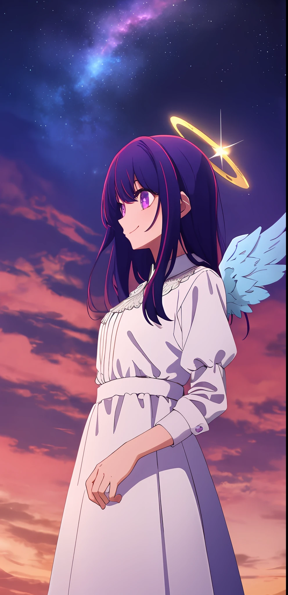 towers of god, blue towers, violet, blue, red, god, red sky, violet sky, starry sky, stars, starry towers, starry god, light blue, civilization, order, 1 girl walking, smile, star shaped eyes, purple hair, purple eyes, angel wings, halo, white dress, star shaped eyes, star pupils