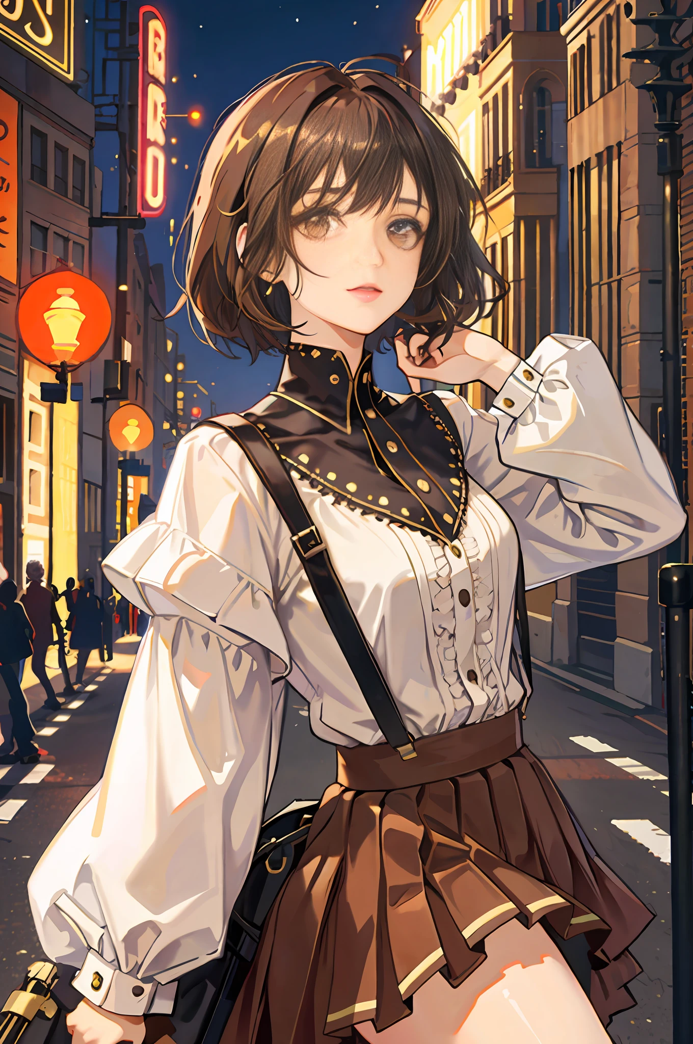 cute young woman, (bust shot), brown eyes, queen, pleated skirt set, street lamp, neon sign, bustling street background, (brunette hair, short hair, princess eyes), aristocracy, royalty, high quality, masterpiece, highly detailed