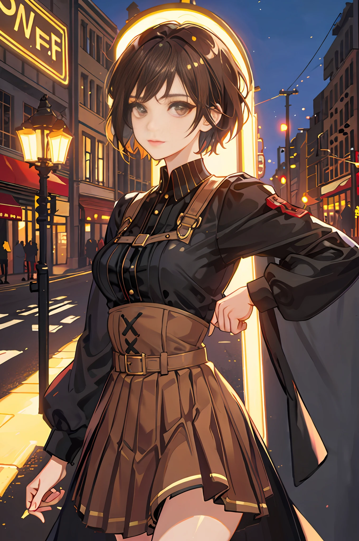 cute young woman, (bust shot), brown eyes, queen, pleated skirt set, street lamp, neon sign, bustling street background, (brunette hair, short hair, princess eyes), aristocracy, royalty, high quality, masterpiece, highly detailed