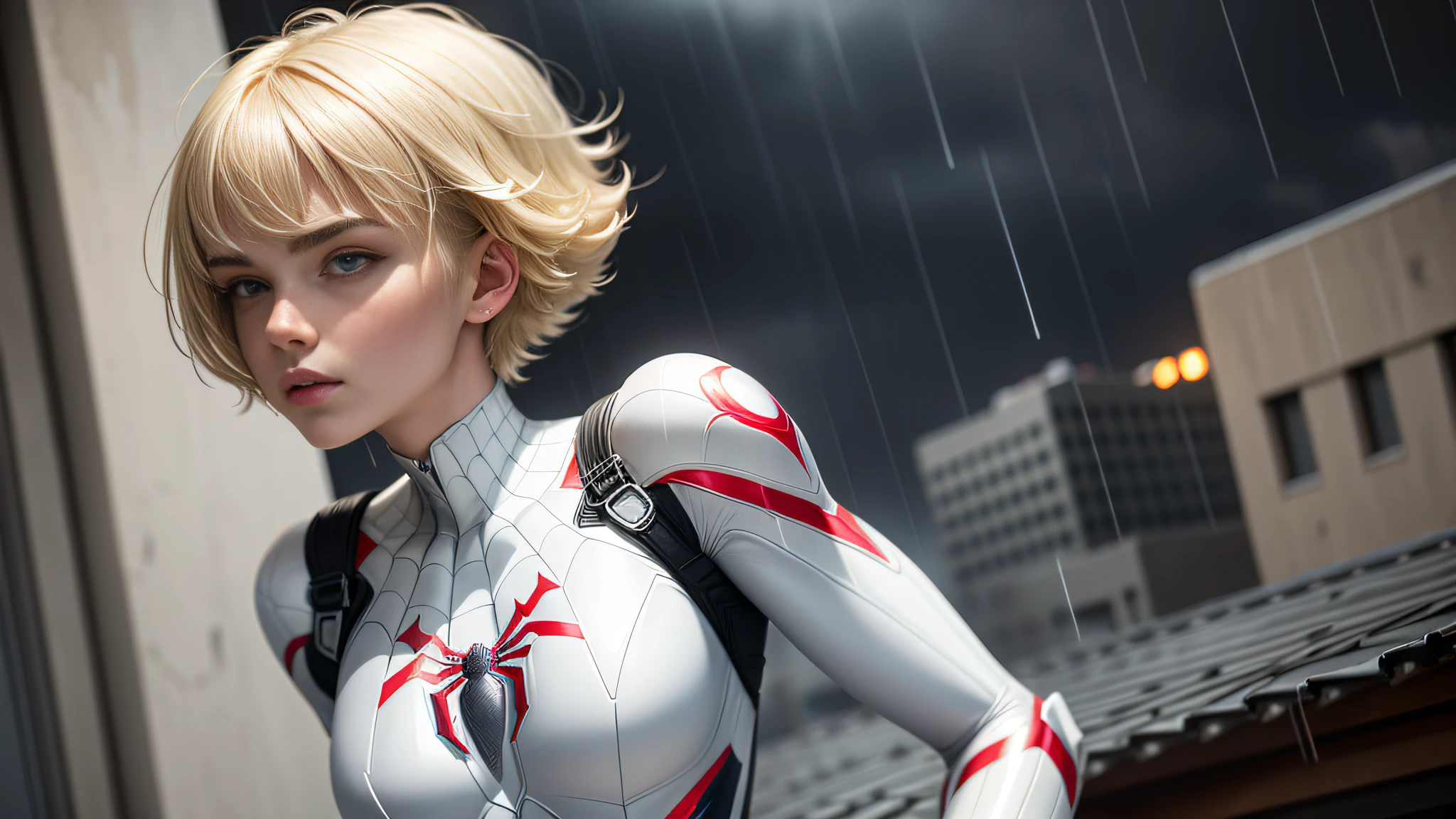 18 yo girl, white spider man suit, short blunt hair, blonde, beautiful face, rain, roof, masterpiece, intricate detail, perfect anatomy