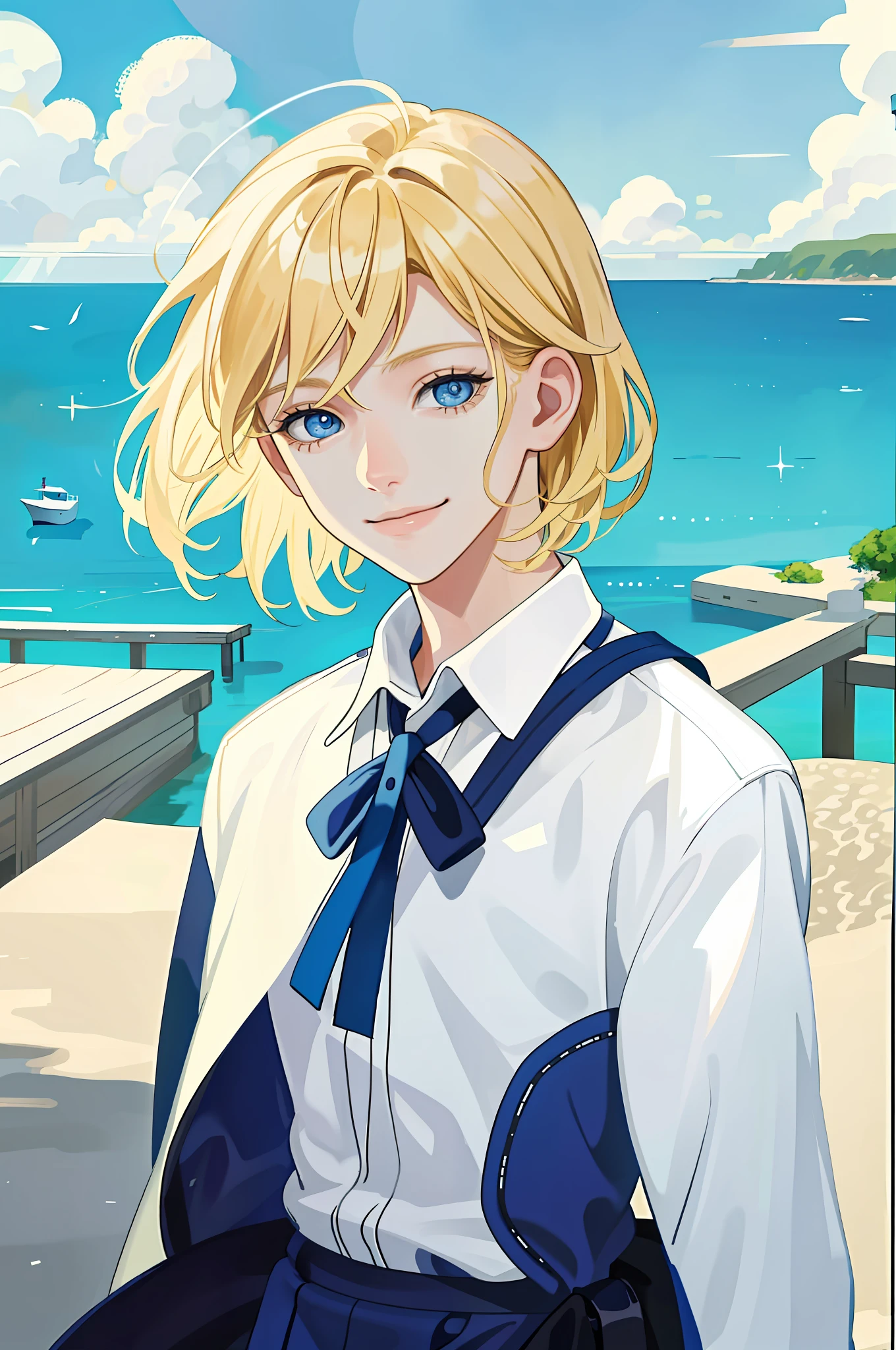 Masterpiece, Excellent, ung Boy, 10 yenager, Young,e, Short Blonde Hair, Immature, Underage, Blue Eyes, At the Seaside, Delicate Eyes and Face Portrait, Long Eyelashes, Portrait, Upper Body, Cute Smile, 8K, Front Light, Face Glow, Face Without Shadows, Greeting Light