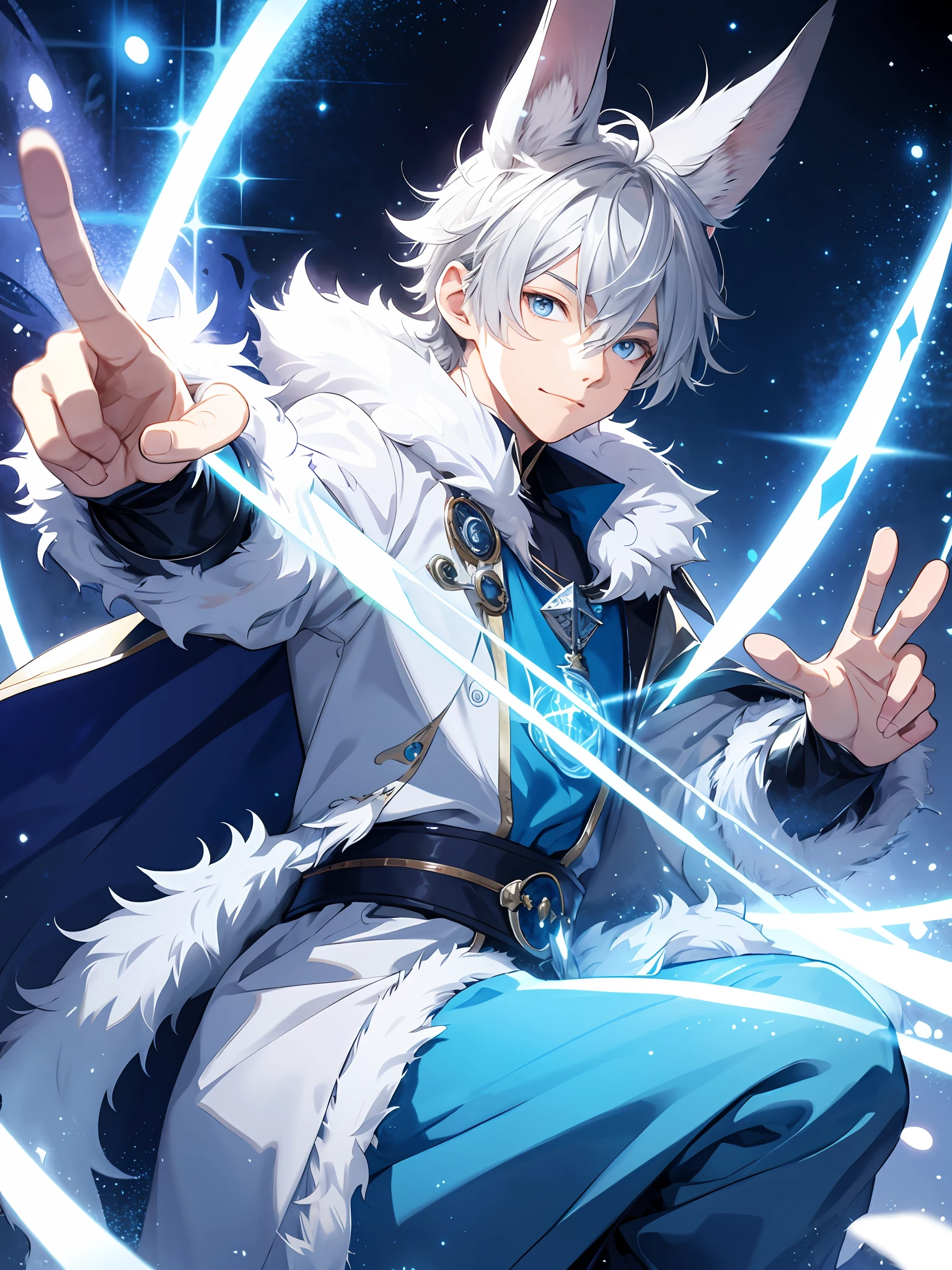 Illustration style, cute boy, silver-haired blue-eyed rabbit ears, fur, cape, fantasy long pants, magic glowing magic square solo