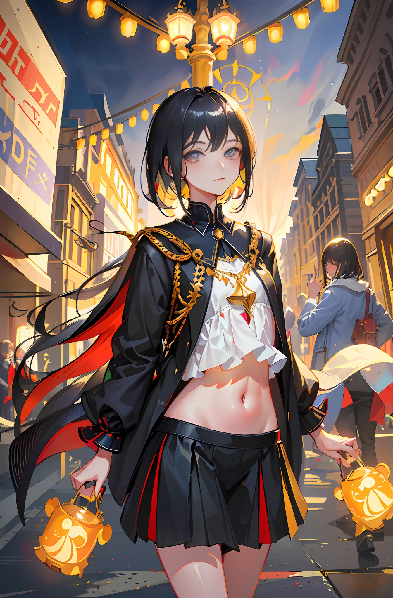 masterpiece, best quality, Hyper detailed, Exquisite detail, 1girl,halfbody shot, solo,princess eyes, shiny pupils,front view, long hair, masterpiece, beautiful detailed hands, illustration, (black hair,short hair,bang,bustling street background,street lamps,navel),