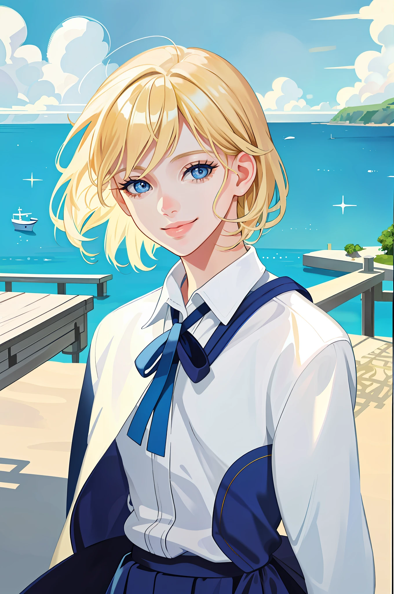 Masterpiece, Excellent, Girly, Young, Cute, Short Blonde Hair, Immature, Underage, Blue Eyes, At the Seaside, Fine Eyes and Face Portrayal, Ruddy Lips, Long Eyelashes, Portrait, Upper Body, Cute Smile, 8K, Front Light, Face Glow, Face Without Shadows, Greeting Light, Gorgeous Skirt