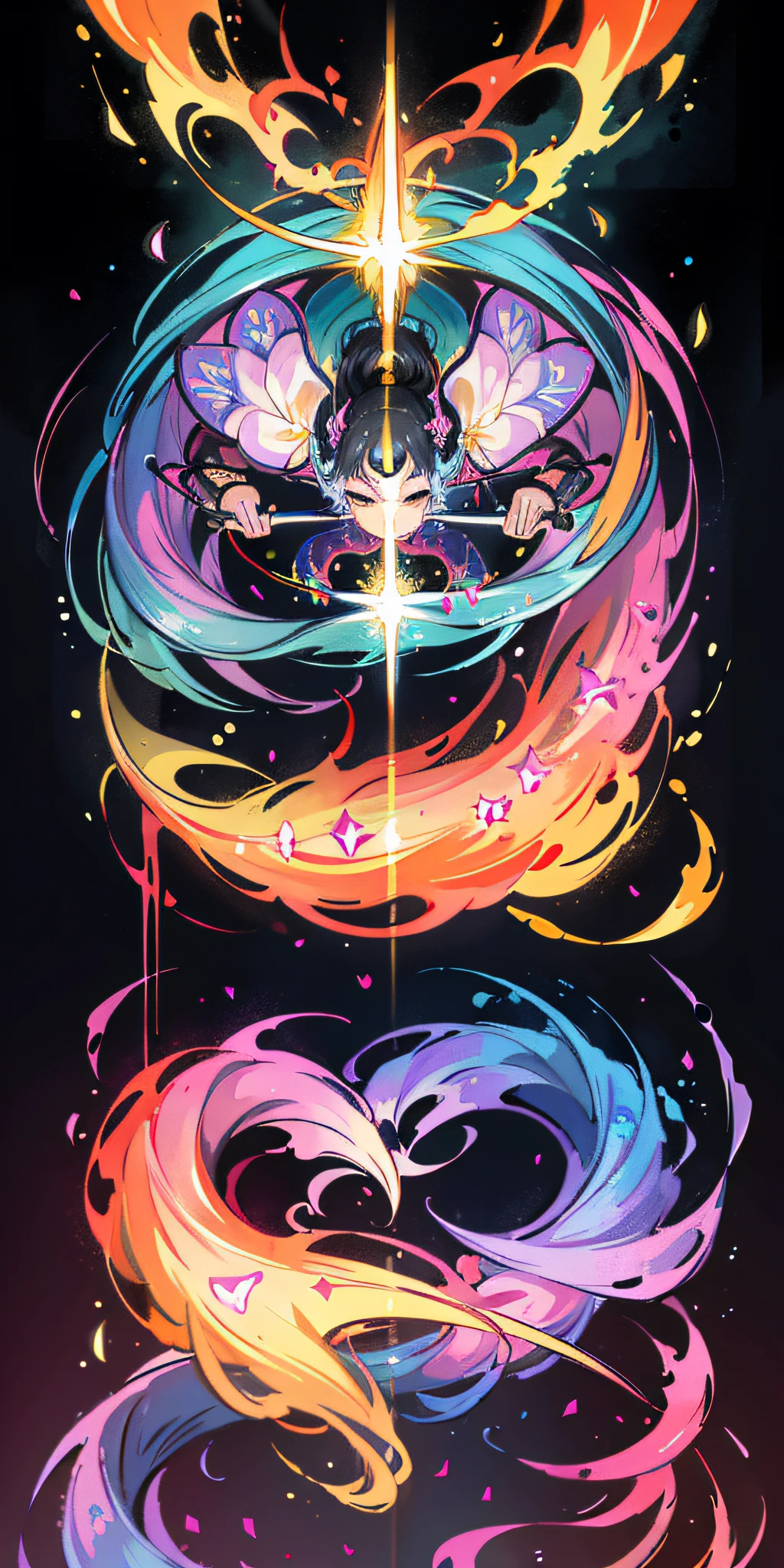 a painting of colored umabaleia on a black background,, breathtaking rendering, within a radiant connection, inspired by Kinuko Y. Craft,, magical elements, kitten icon, wow, is beautiful, casting a multi colorful spell, bright flash, flash