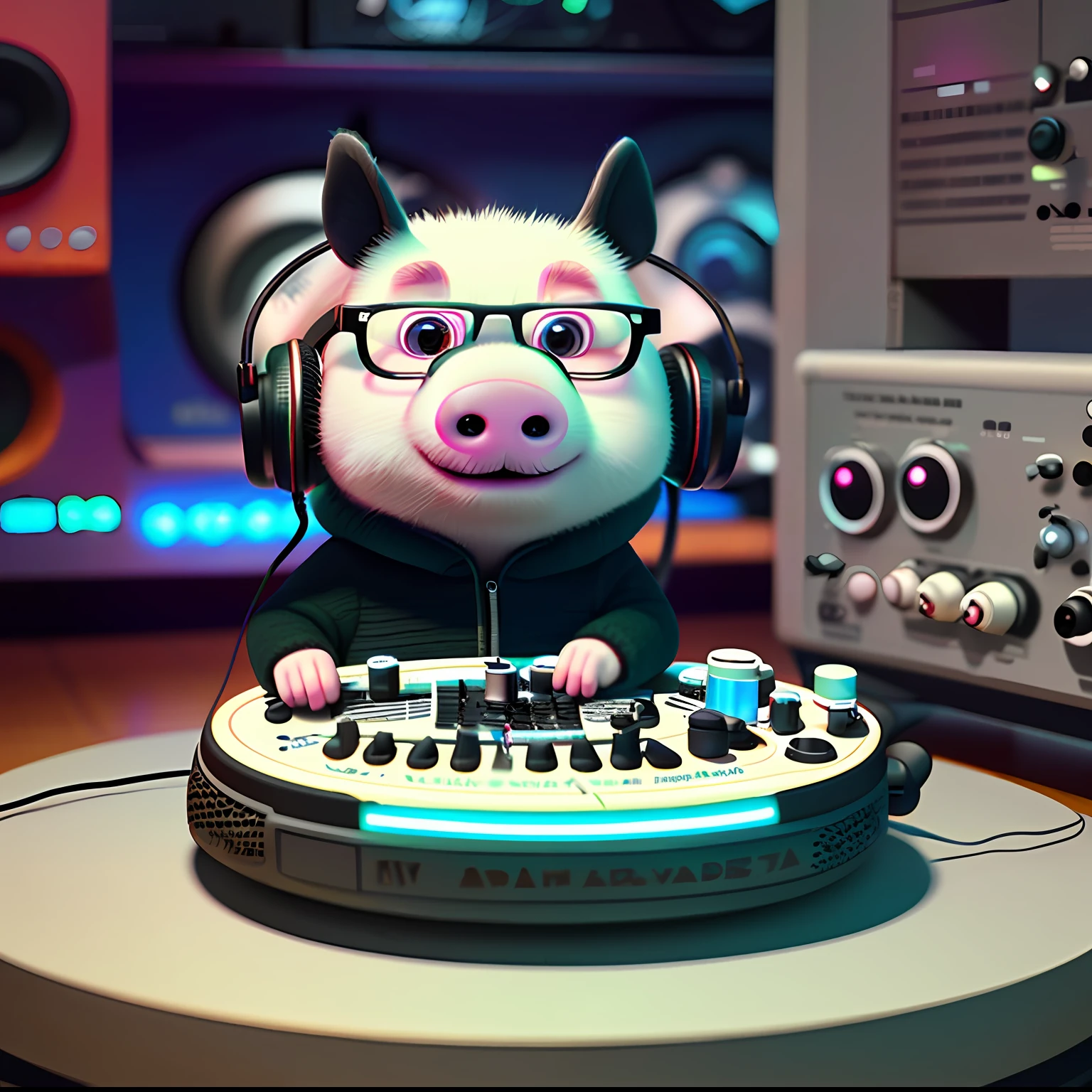 Cute little black pig with big headphones and glasses  playing on synth, unreal engine, cozy interior lighting, arts station, detailed digital painting, cinematic, character design by mark ryden and pixar and hayao miyazaki, unreal 5, daz, hyperrealistic, octane rendering