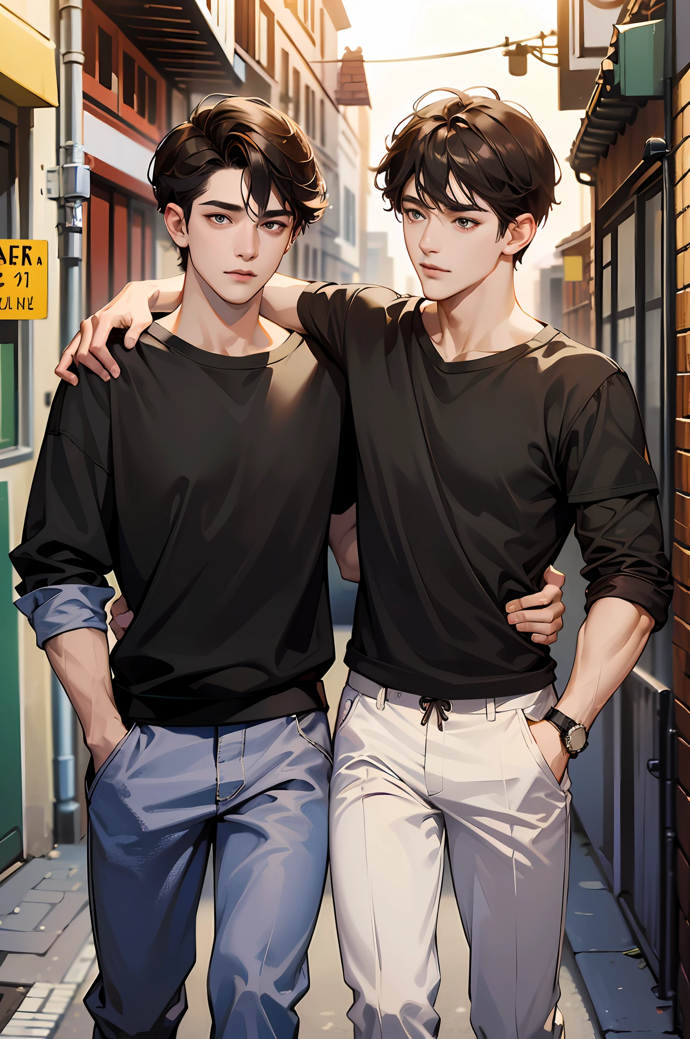 (absurdres, highres, ultra detailed), masterpiece, best quality, two man put his arm around his shoulder, handsome, black hair, brown hair, casual clothes, background is back alley, best light and shadow