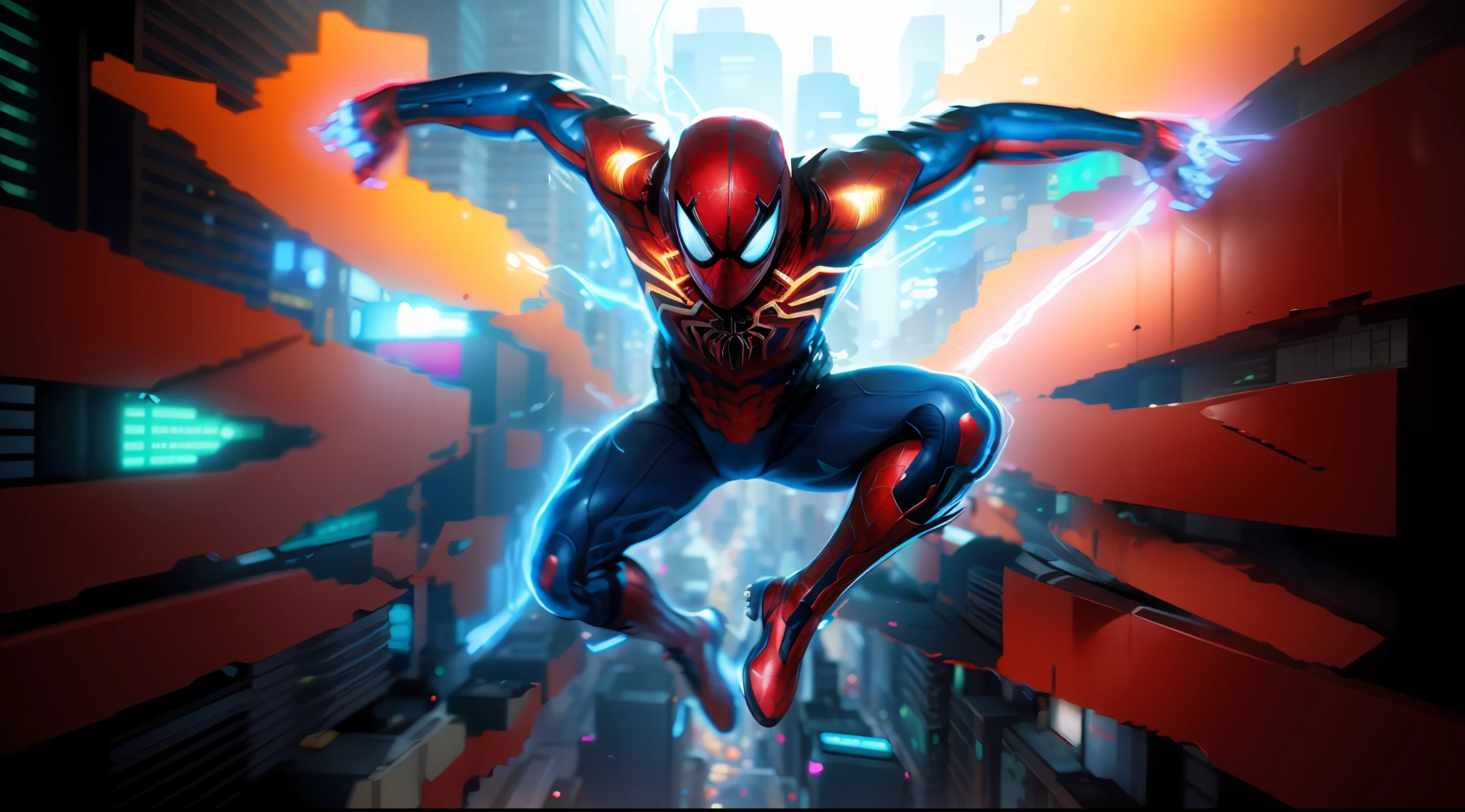 Spiderman, full face covered, spider man red and blue golden suit, scared, cyberpunk city background, octane render, bioluminescent,8K resolution concept art, realism,by Mappa studios,masterpiece,best quality,official art,illustration,ligne claire,(cool_color),perfect composition,absurdres, tall body, super hero landing pose, (cyberpunk city background), close shot, spider man focus, full body,neon light, detailed background, colorful neon light