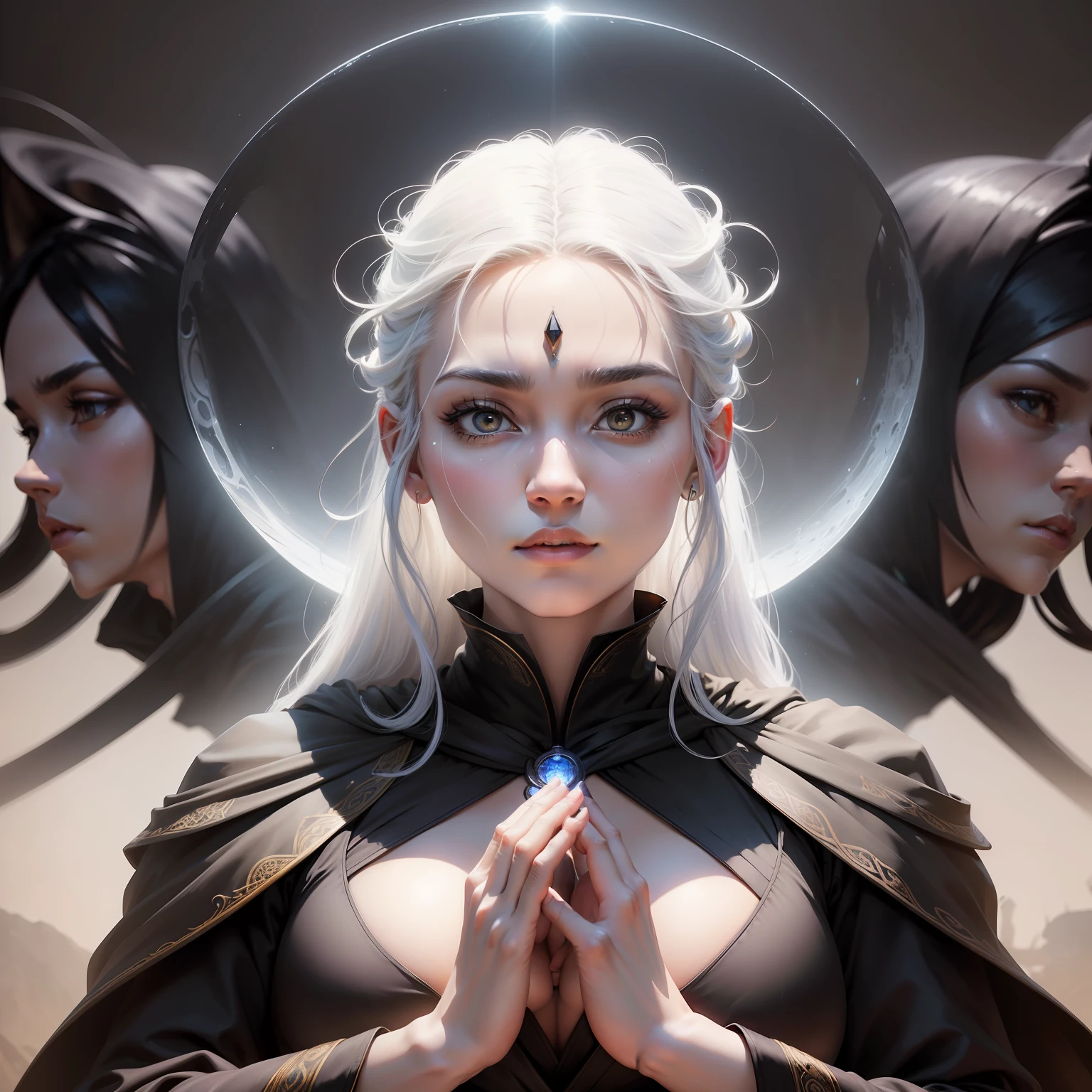(masterpiece), pay attention to facial details, symmetrical facial features, face kindness, sculptural figures, high contrast, fantasy light and shadow, high color saturation, mysterious atmosphere, streamlined posture, black robe, white hair, circle hanging from the waist, in front of everyone's eyes, like a god descending to the earth.