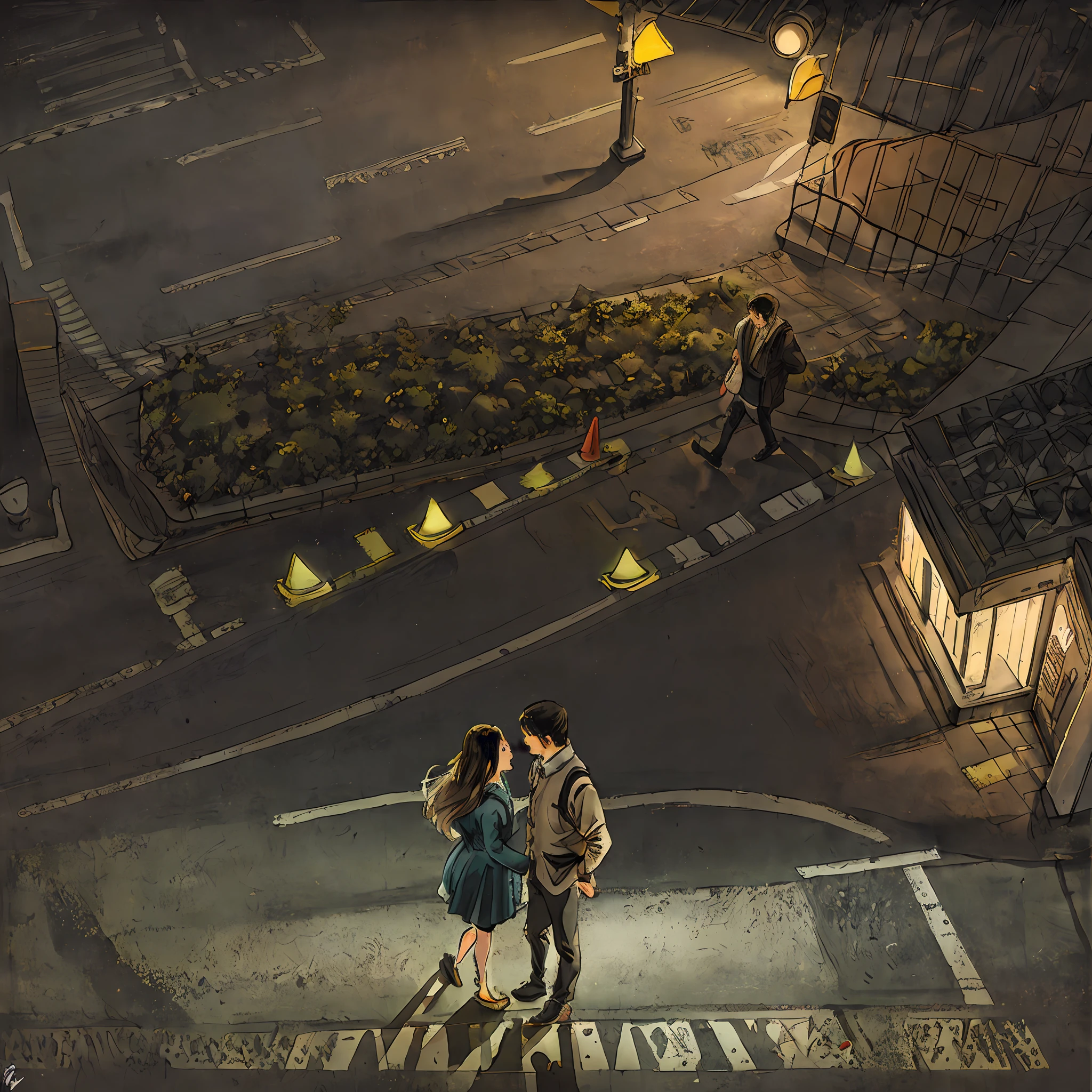 (a couple crossing the ((crosswalk))), (((perspective from above))). Center at night, detailed lighting.
