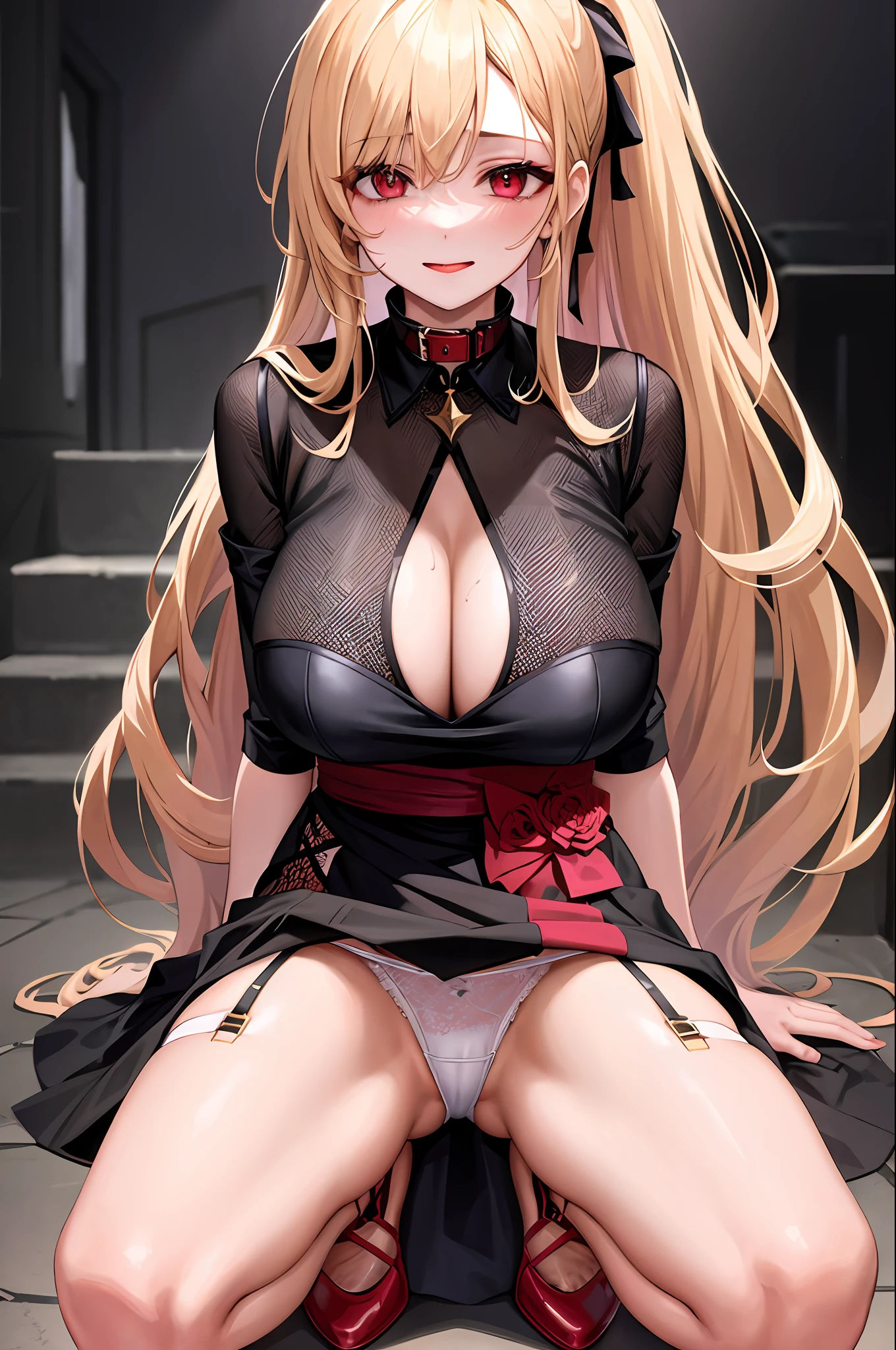 SLE, mksks-style, Top quality, Masterpiece, Detailed background, Very detailed, Complex and detailed face, Long eyelashes, Detailed eyes, (Adult female, standing: 1.1), (High ponytail: 1.3), (Thigh thick: 1.0), (Big: 1.3), (Ruined place: 1.3),
(Solo: 1.3), (Red Eyes: 1.3), (Blonde and Black Mesh: 1.2), (Very disheveled Hair: 1.1), (Red Collar: 1.2), (Thick Lips, Pink Lips: 1.3), (Pink Eyeshadow: 1.2), (Moisturized Eyes), (Rope All Body: 1.3), Squatting on the Floor, Open Legs, Best Smile, Mouth wide open, Cheeks red, Happy, Moist Eyes, Sticking out her tongue desperately, about to cry, blonde, full body, garter belt, fishnet stockings, white panties, thin fabric panties