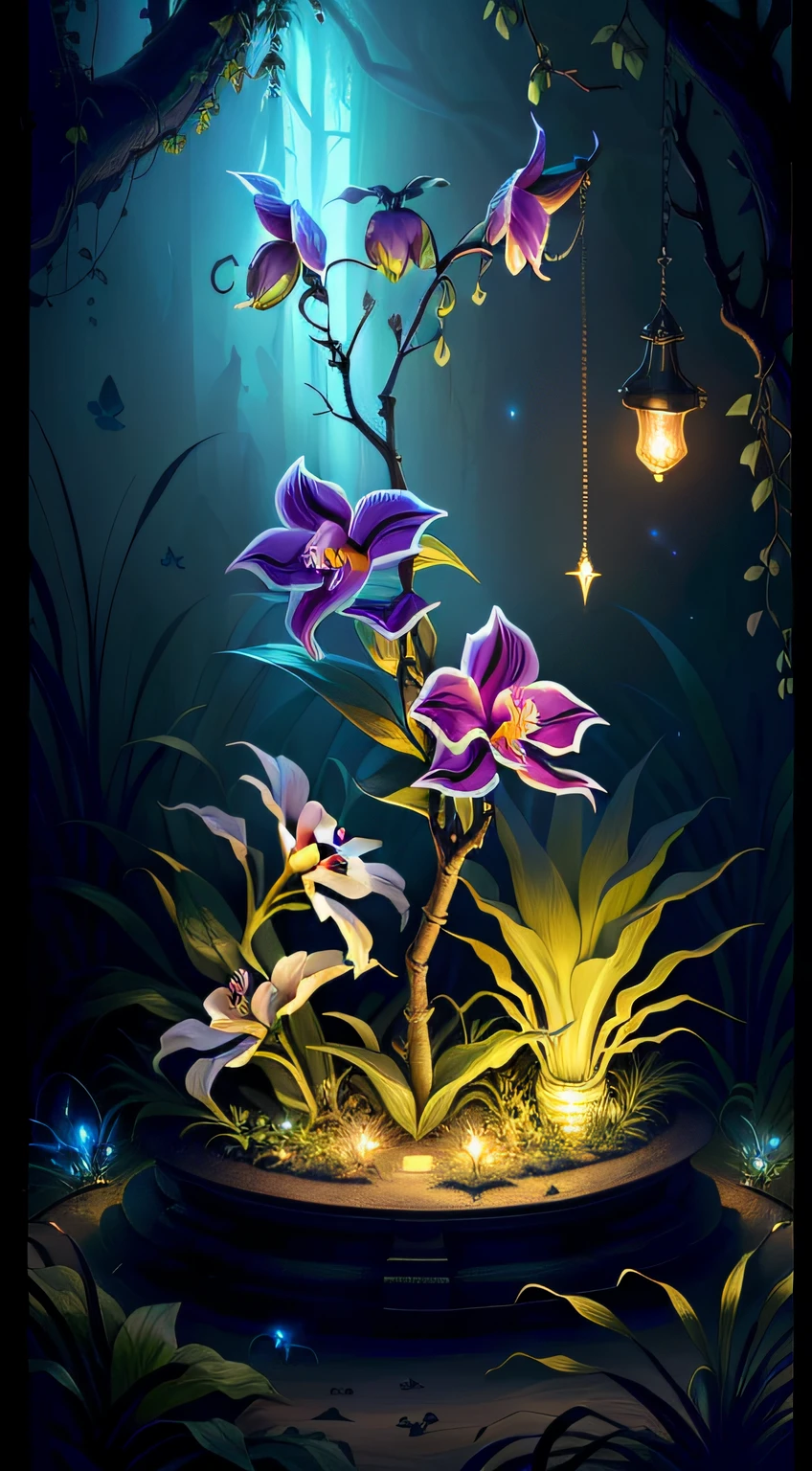 an exorcist style ant hill with beautiful orchids around and fireflies, it is surrounded by strange power,there are also some treasures around, with some magical visual effects, fantasy, ambiance hd, HDR, 4k upscalen v--4.