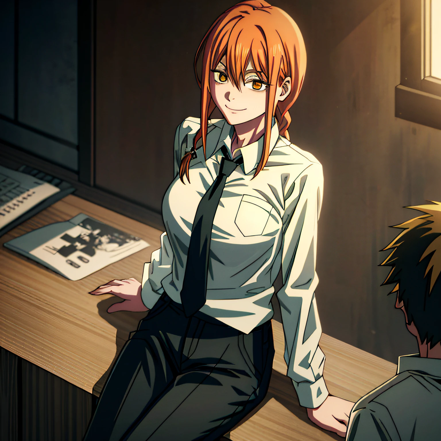 best quality, insanely detailed,1girl,1boy, sitting,in-flight and and (1boy:1.4) BLOND HAIR, denji \(chainsaw man\),and 1gir,makima \(chainsaw man\), best quality, ultra detailed, 1girl, , standing, red hair, long braided hair, golden eyes, bangs,, large boobs, stare, smile, (evil:1.2),, makima \(chainsaw man\),shirt, sidelocks, solo, uniform, white shirt, black necktie, black pants