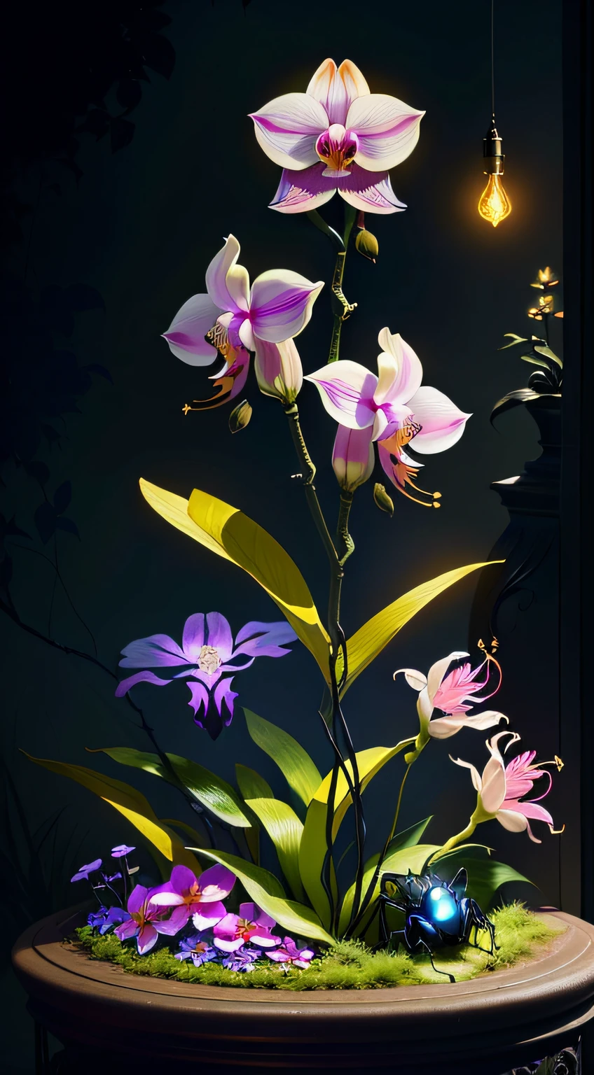 an exorcist style ant hill with beautiful orchids around and fireflies, it is surrounded by strange power,there are also some treasures around, with some magical visual effects, fantasy, ambiance hd, HDR, 4k upscalen v--4.