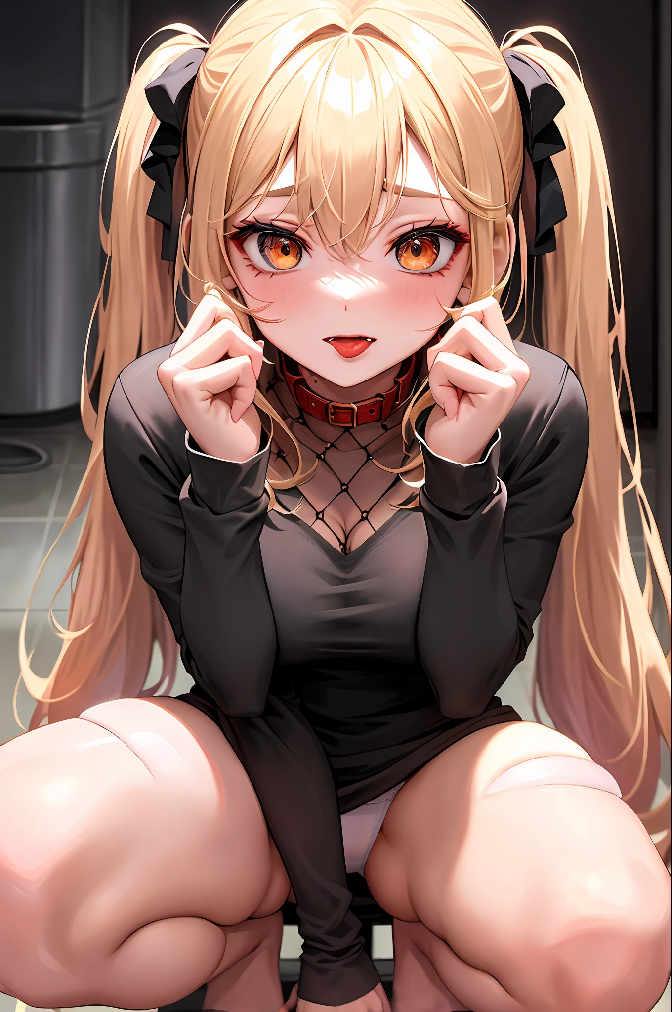 SLE, mksks style, Top quality, Masterpiece, Detailed background, Very detailed, Complex and detailed face, Long eyelashes, Detailed eyes, (one adult woman), (Blonde high twin tails, black mesh: 1.3), (Thigh thick: 1.0), (Big: 1.3), (very dimly lit public toilet-like place),
(Solo), (beautiful golden eyes), (very disheveled hair), (red collar), (thick lips, red lipstick: 1.3), (pink eyeshadow: 1.2), (moist eyes), squatting on the floor with legs open, mouth very wide open, cheeks stained red, upset face, sticking out tongue, full body, fishnet stockings, white panties, thin fabric panties, large puddles at the feet