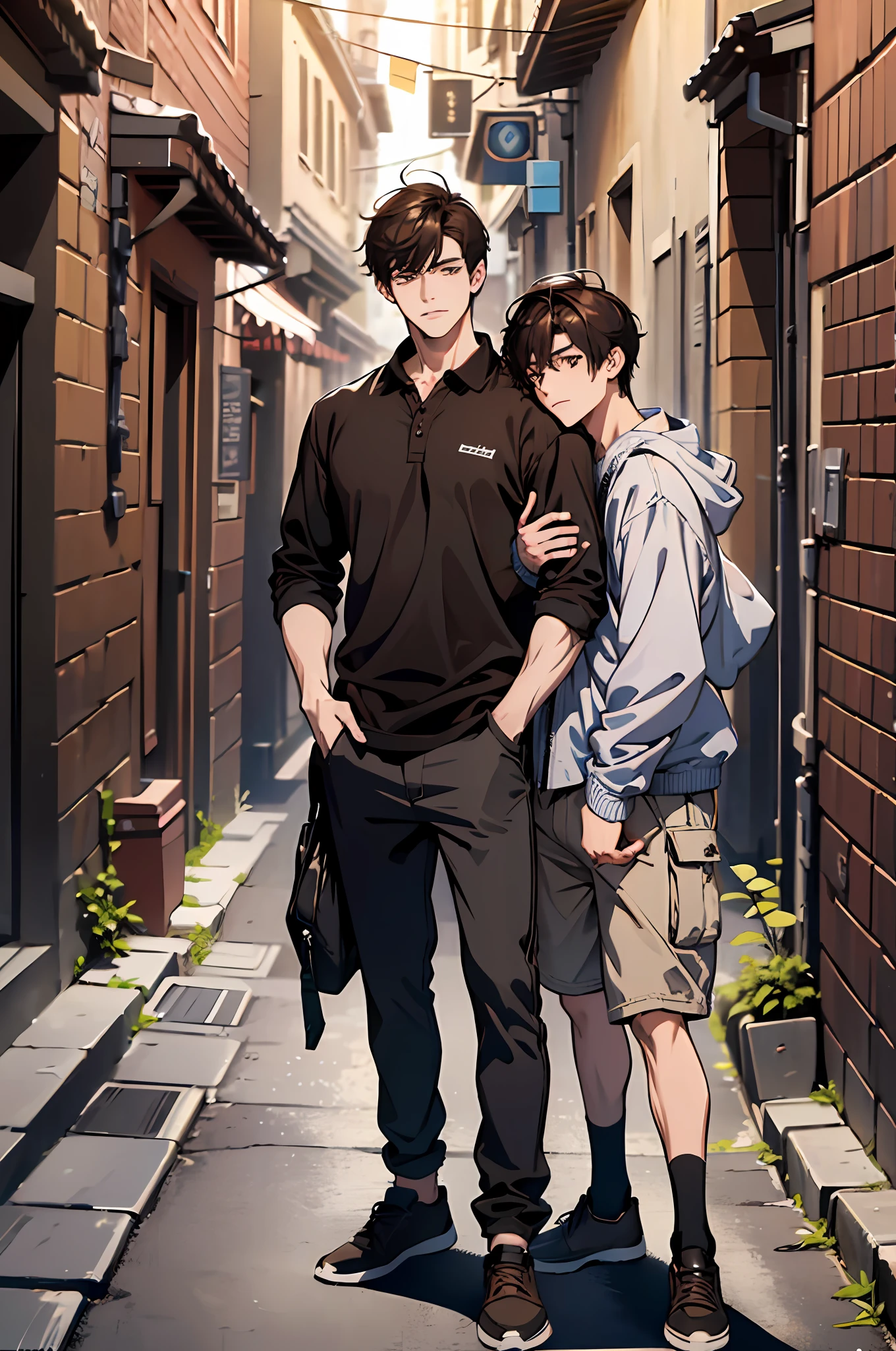 (absurdres, highres, ultra detailed), masterpiece, best quality, two man put his arm around his shoulder, handsome, black hair, brown hair, casual clothes, background is back alley, best light and shadow
