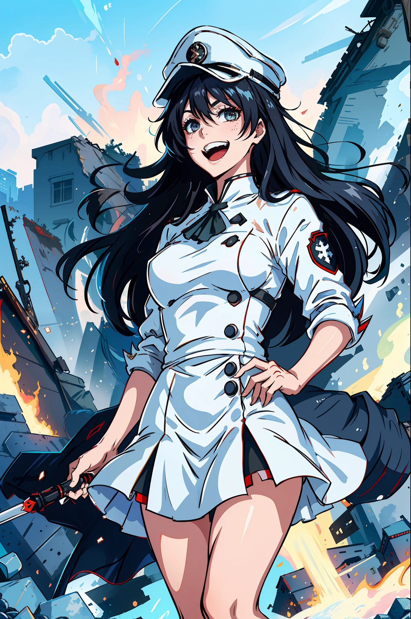 Masterpiece, top quality, ruined city and fire in the background, white Nazi SS Militari, 4K manga wallpaper, BLEACH, Exterminator, Shalltear Bloodfallen, badass anime 8K, gapmoe yandere, yandere, albedo of anime overlord, creepy grin, crazy laugh, fished out laughter at the corners of the mouth, long black hair, white miniskirt, white long-sleeved military uniform