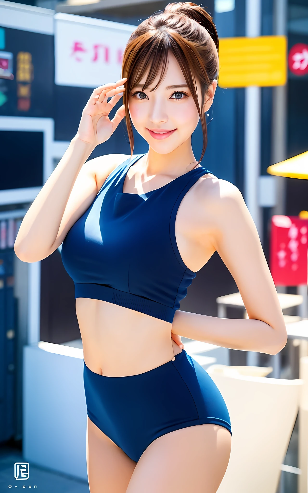 Create the most attractive, cute, and sexy female character in AI gravure. She is bright, confident and has a charm that captivates people. Also, her style is sophisticated, with a sense of decency and elegance. Create a more vivid character by adding her distinctive elements and personality