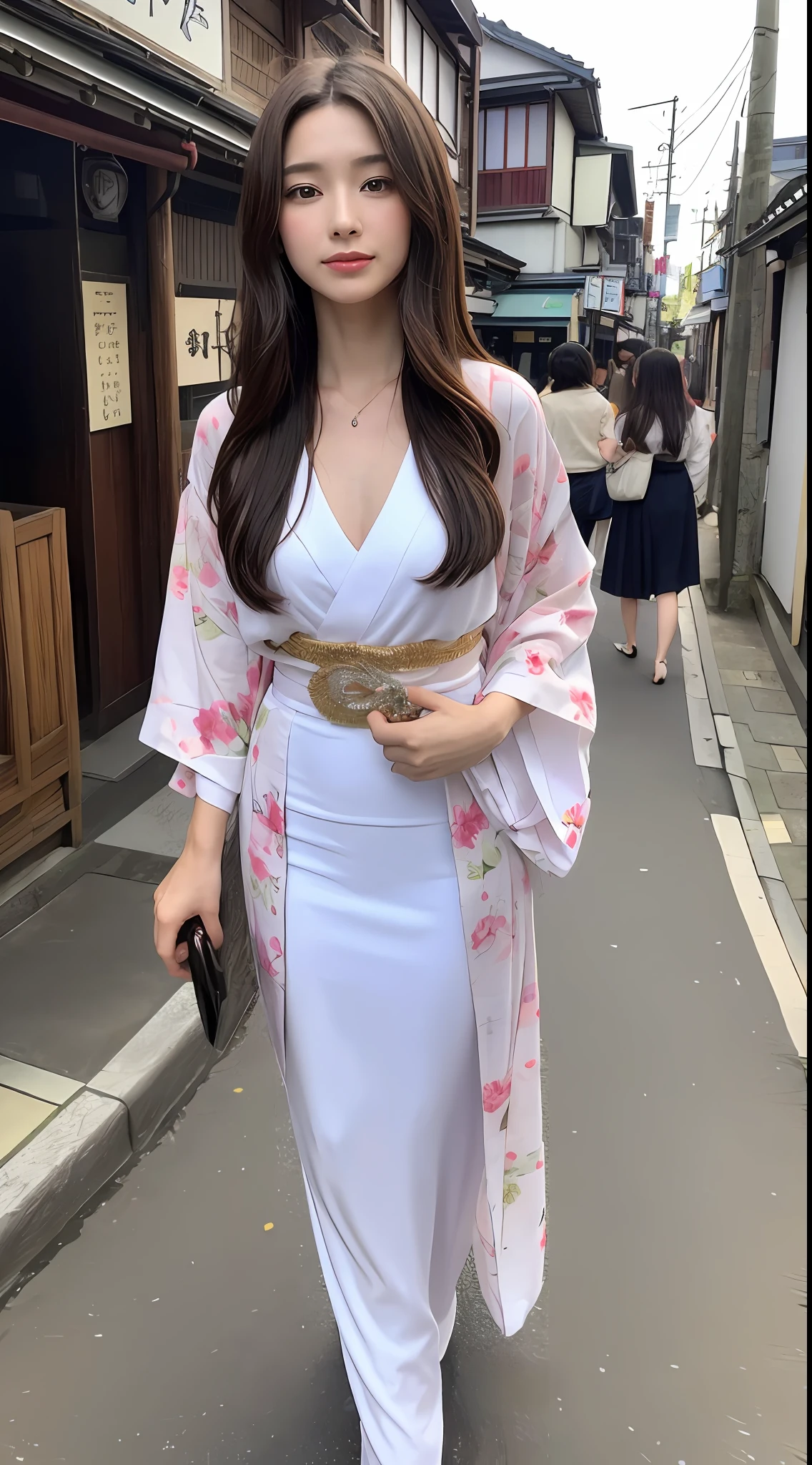 (Top Quality, 16k, Masterpiece: 1.3)), 1 Girl, Sharp Focus: 1.2, Beautiful Women with Perfect Figure: 1.4, Slender Abs: 1.2, (((long Hair)), ((Beautiful Face Idol: 1.3)), (Transparent Fabric Kimono 1.5)), Highly Detailed Face and Skin Texture, Detailed Eyes, Double Eyelids, Walking, Streets of Asakusa,