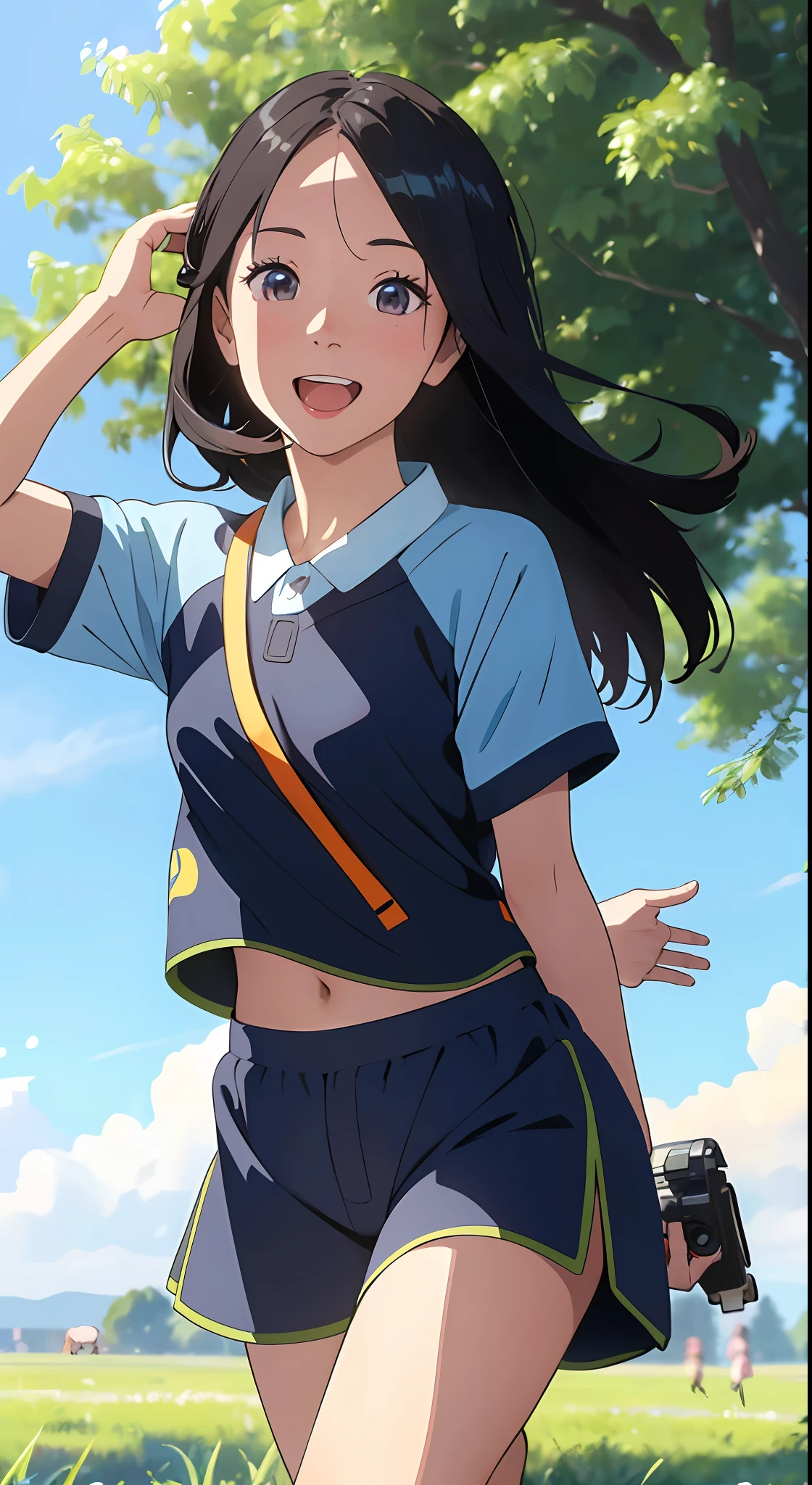 Masterpiece, a Chinese girl running on the grassland, followed by a cute puppy, camera angle 70 degrees, sky blue, really, clothes fluttering, hair black flowing, laughter --auto --s2