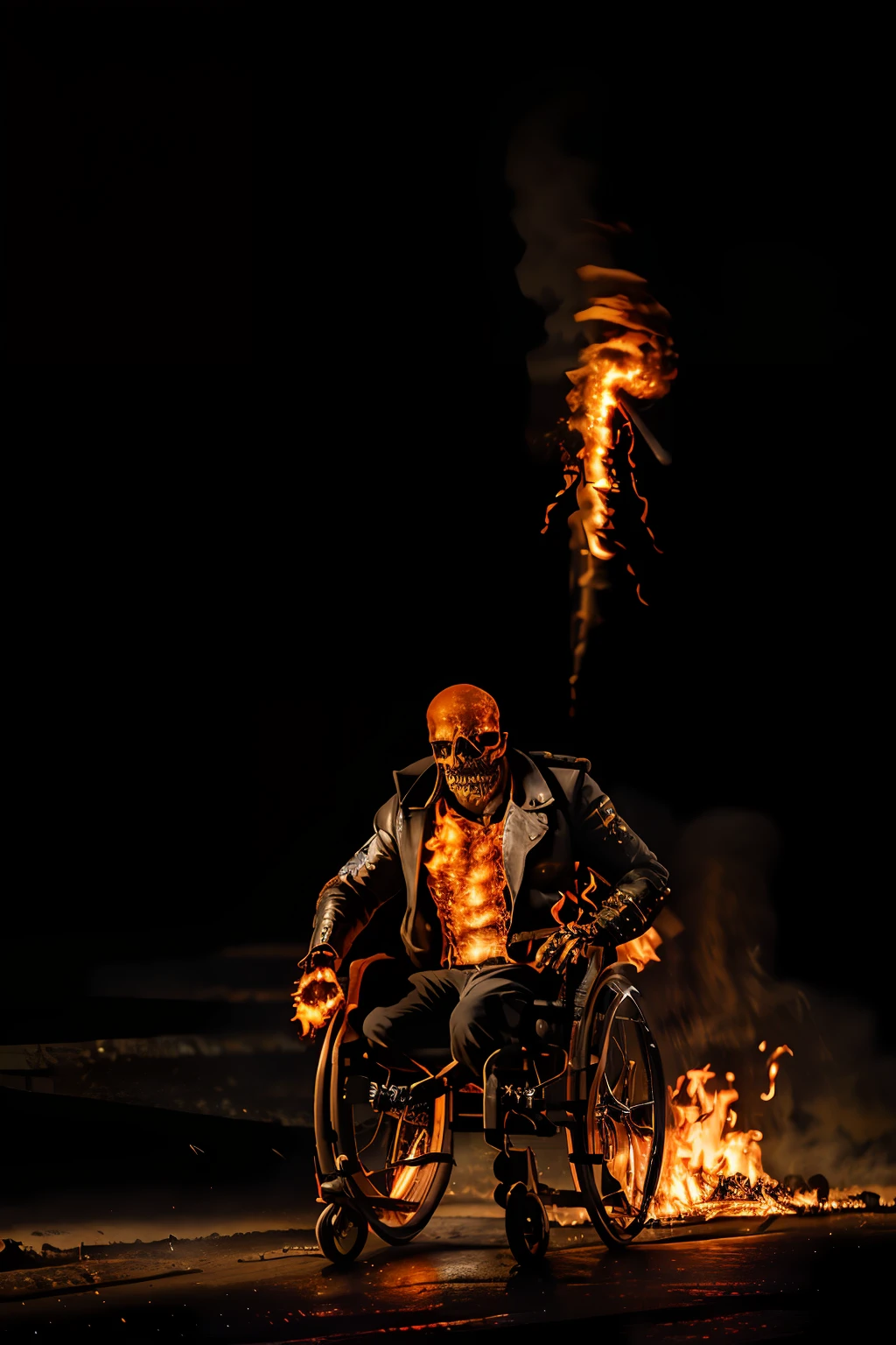 An epic action movie sideshot still of Ghostrider with a flaming skull head, studded leather jacket, chains, sitting in ((a wheelchair with glowing orange wheels)), racing down a dark city street, leaving a trail of fire behind.
1 man, sparks, embers, highres, high resolution, sharp focus, detailed, cinematic, artistic shadow, hdr.