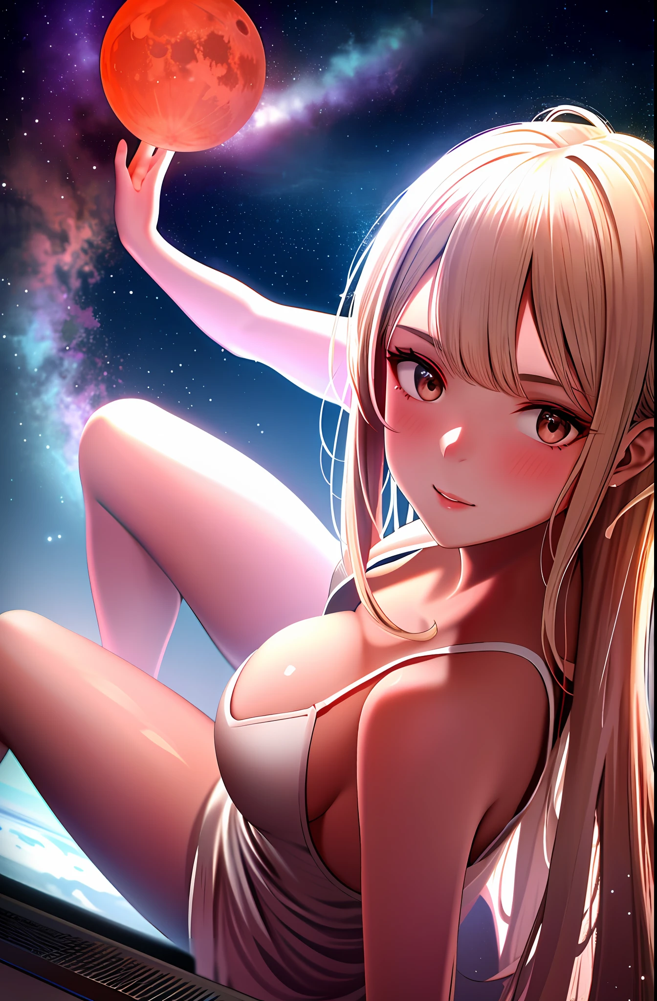1girl, beautiful face, (white eyes)), sexy pose, red moon in the background, stars, space, (lightroom: 1.13), soft light, (natural skin texture: 1.2), (hyperrealism: 1.2), clear focus, focus
