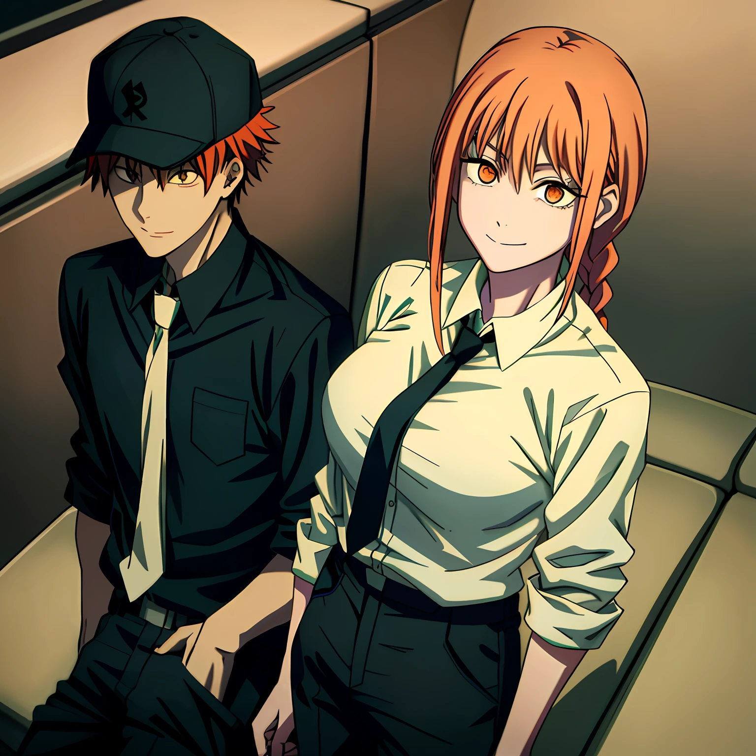 best quality, insanely detailed,1girl,1boy, sitting,in-flight and and (1boy:1.4) BLOND HAIR, denji \(chainsaw man\),and 1gir,makima \(chainsaw man\), best quality, ultra detailed, 1girl, , standing, red hair, long braided hair, golden eyes, bangs,, large boobs, stare, smile, (evil:1.2),, makima \(chainsaw man\),shirt, sidelocks, solo, uniform, white shirt, black necktie, black pants