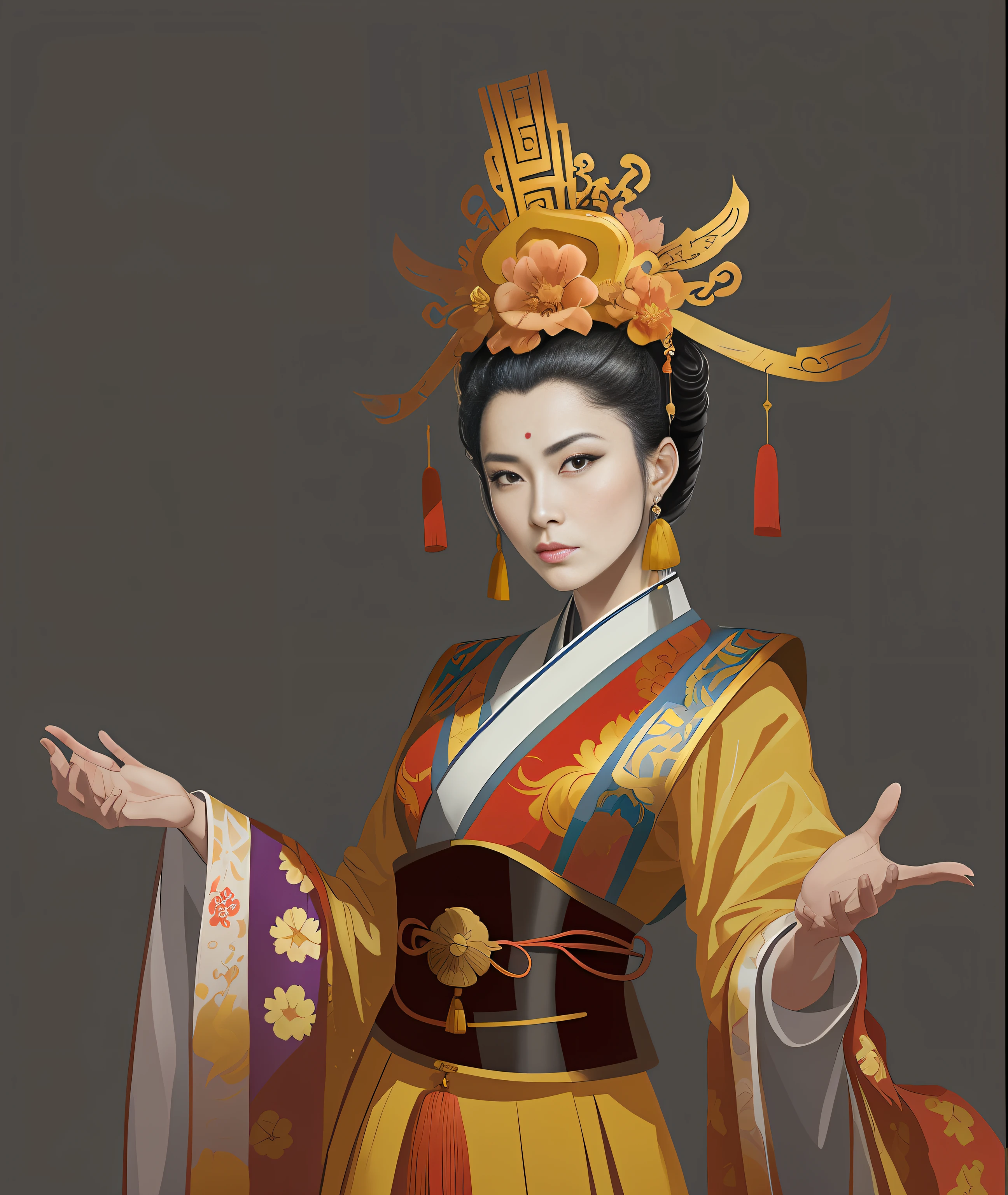 A female emperor in a gorgeous Chinese imperial robe, beautiful character painting, female emperor of the Tang Dynasty, Wu Zetian, palace, girl in gorgeous costume, art in Guwiz style, Hanfu, Guwiz, wearing ancient Chinese costume with a pattern of flowers on her clothes, beautiful anime portrait, traditional beauty, inspired by Max Magnus Norman, complete portrait of an electronic master, inspired by Jean Bello, Nicolas Tesla, Gillium Pongiruppi, portrait of the character, Luis Ricardo Farero, Epic elegant portrait, Santiago Martínez Delgado, Frank Xavier-Linedecker style digital figure concept art, science illustration, Magali Villeneuve, Walt Disney, texture of more brushstrokes, simplified and stylized portrait, American comics, animation energy, ambient light is not strong, photo texture on costumes is not strong, hand drawn