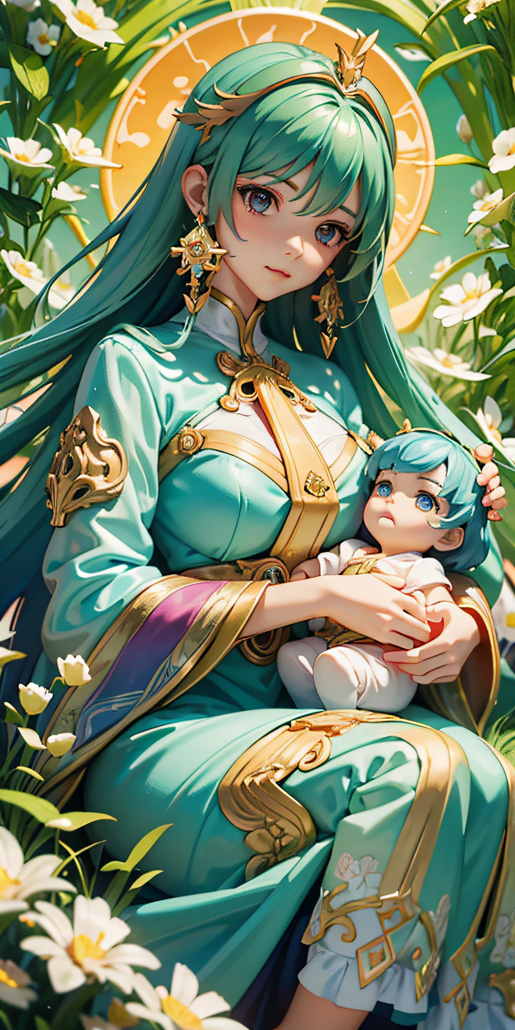Masterpiece, best quality, high quality, very detailed CG unified 8k wallpaper, beautiful landscape painting, award-winning photography, bokeh, depth of field, HDR, flowers, color difference, realism, very detailed, art station trend, CGSociety trend, intricate, high detail, drama, mid-journey art and masterpiece, cartoon image of a woman holding a child in her arms. Behind the woman is the earth. The colors are uniform, the tone is uniform, and the overall atmosphere is high-end. Poster art is inspired by Alphonse Mucha, pixiv, nouveau, animation Nouveau, mucha style 4K, alphonse mucha style, demura and alphonse mucha style, flat shading mucha.Neon yellow red blue

colors, bright flash, flash