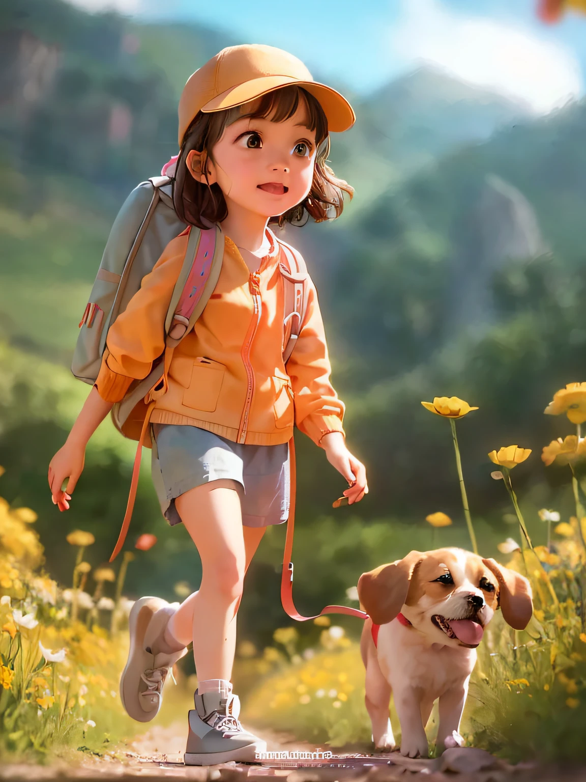 Prompt: An incredibly charming  girl carrying a backpack, accompanied by her adorable puppy, enjoying a lovely spring outing surrounded by beautiful yellow flowers and natural scenery. The illustration is in high definition at 4k resolution, with highly-detailed facial features and cartoon-style visuals.