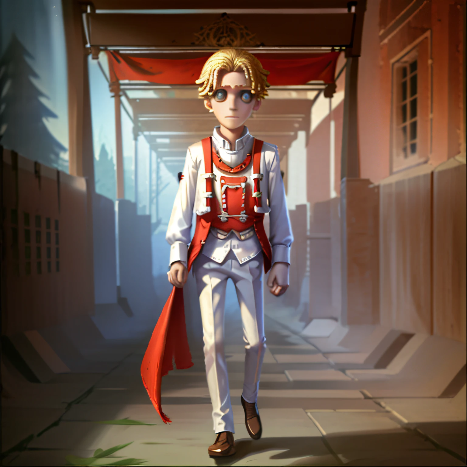 Masterpiece, high quality, young boy, hanging red handkerchief on the back of the head, red vest over white full body clothes, blonde, facing forward, looking at camera, full body, center of the screen