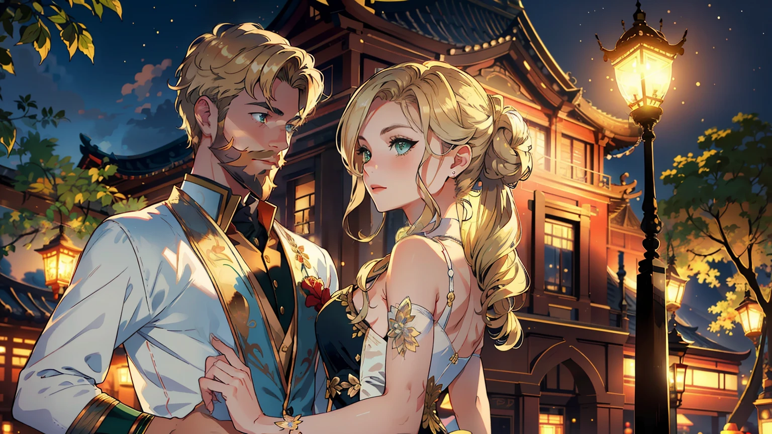 (1 blonde girl with green eyes), (1 adult brunet man with beard), (male and female), (masterpiece:1.2, best quality), girl with a bun, happy couple, (correct anatomy), a high resolution, (beautiful detailed faces), (detailed beautiful eyes: 1.2), ((anatomically correct hands)), (detailed 8k wallpaper, masterpiece, best quality, best shadow), ( detailed background), (depth of field, bokeh:1.2), (best illumination, an extremely delicate and beautiful), semi-realistic, evening dramatic lighting, sunset sky, in the background asian festival