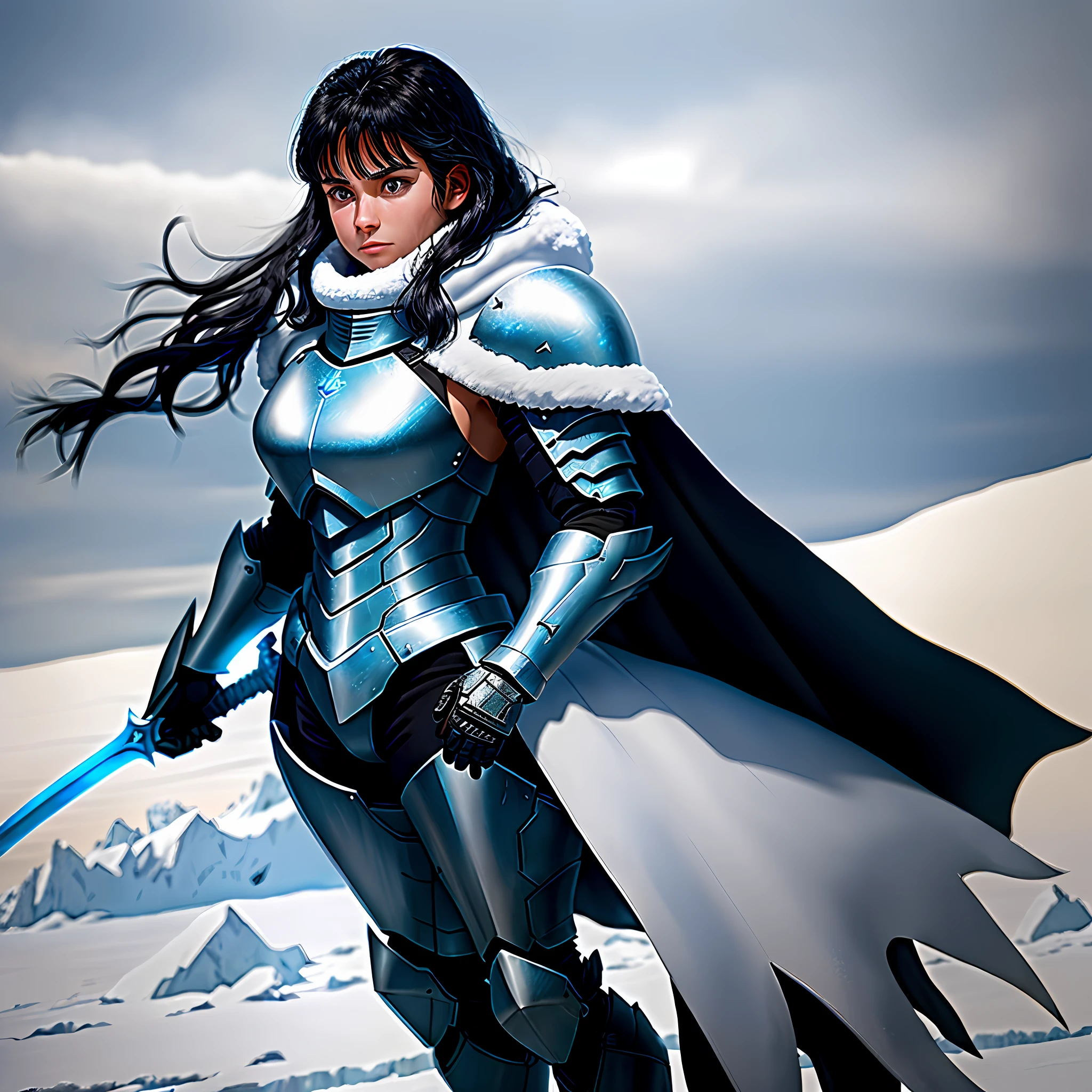 (Armored warrior: 1.2) triumphantly stands on the (icy frontier: 1.1) in a cold wasteland, (dark tanned skin:1.1) glistening under the (snow: 1.2); her (thick, black hair: 1.1) flapping in the biting wind and partially covered by a (warm, blue cloak: 1.1). A (great sword:1.1) rests on her shoulders.
